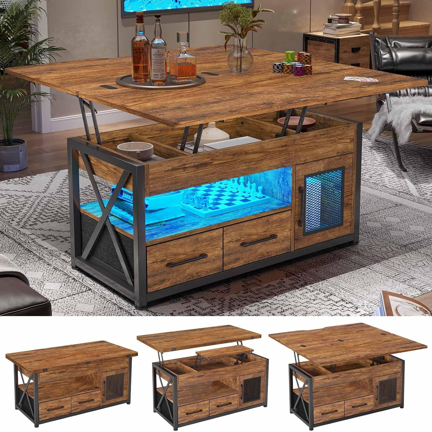 Lift Top Coffee Table with Storage Cabinet&LED Light&2 Fabric Drawers for Living Room,40
