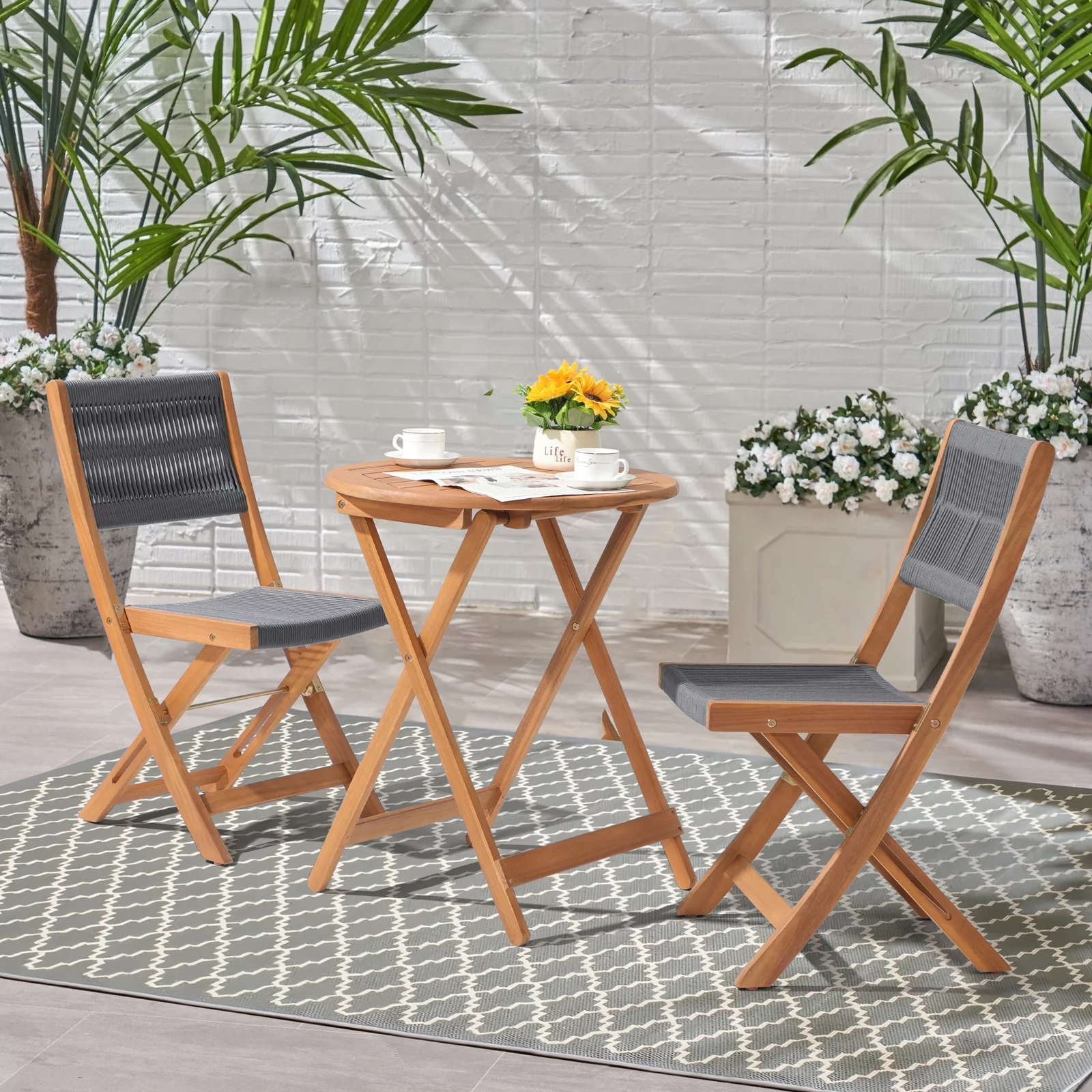 OC Orange-Casual Acacia Patio Bistro Set, Outdoor Compact Wood Coffee Table and Chairs, 3 Piece, Gray