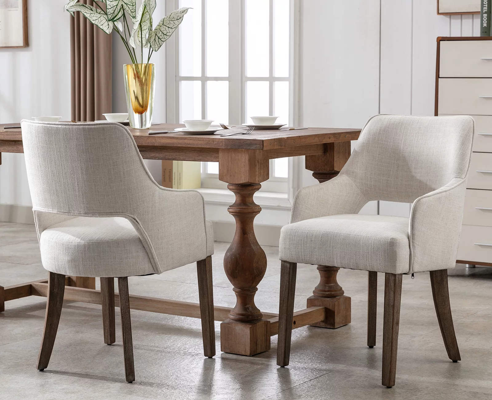 Guyou Modern Dining Chair Set of 2, Linen Upholstered Side Chair with Open Back and Wooden Legs for Dining Room Living Room Kitchen Bedroom, Cream