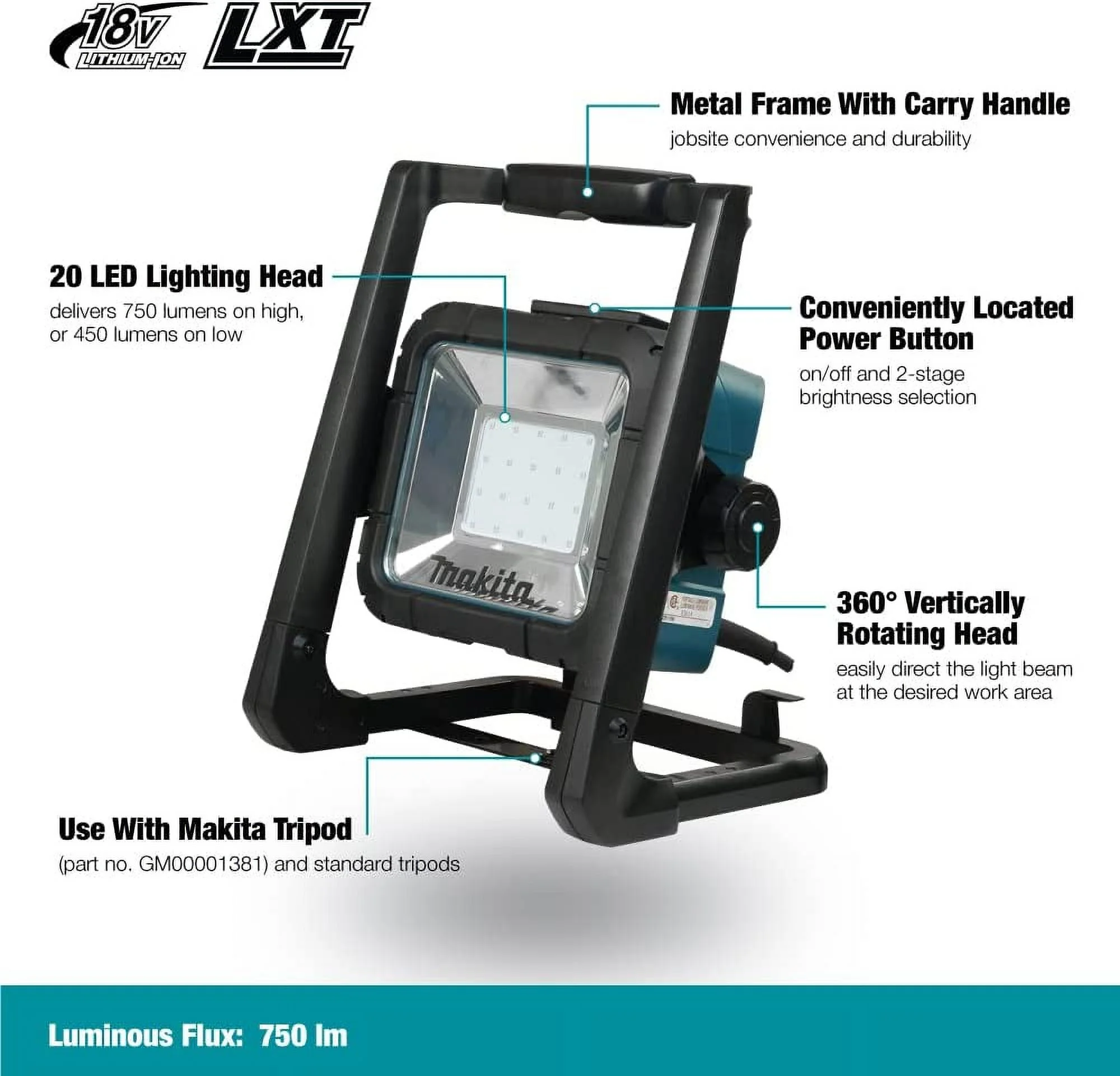 FJU DML805 18V Lithium-Ion Cordless/Corded 20 L.E.D. Flood Light, Only