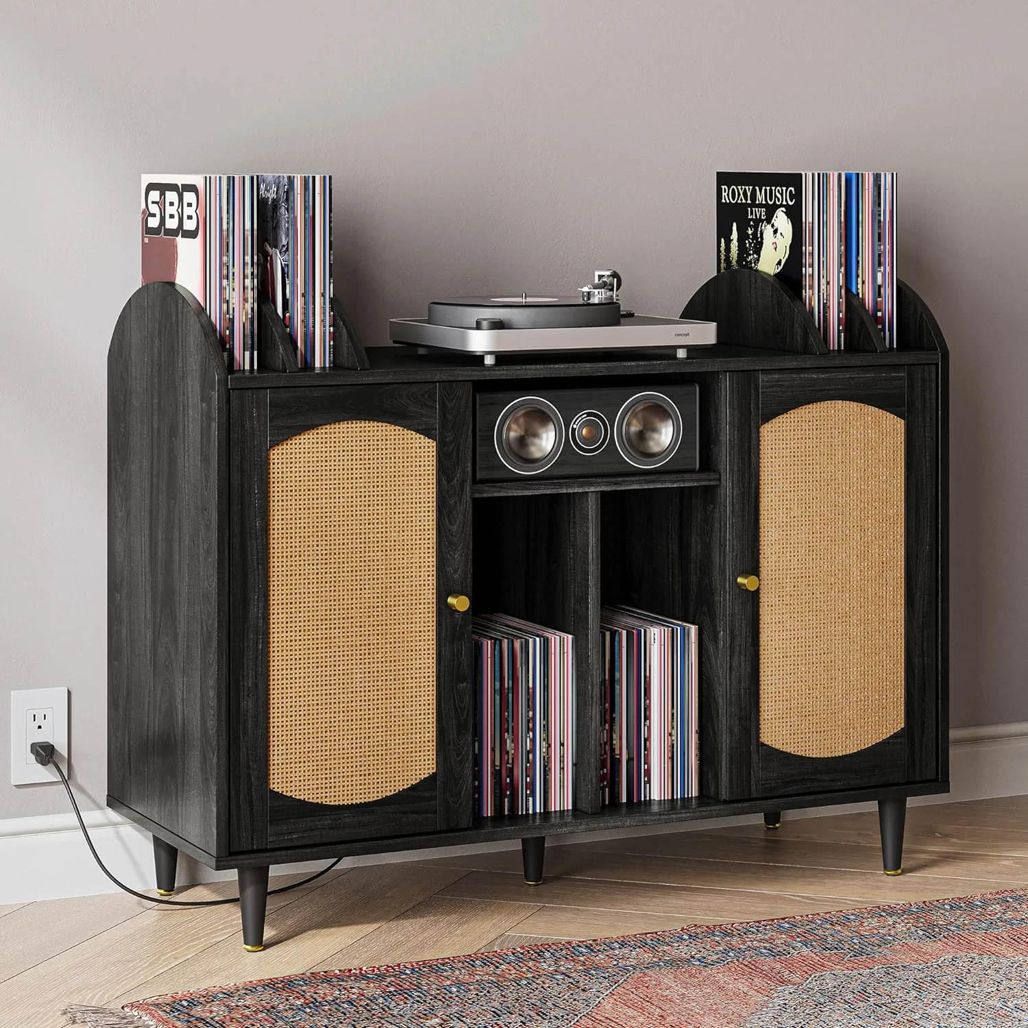 LNboomLife Mid-Century Record Player Stand  Vinyl Record  Cabinet Holds up to 350+ Albums  Rattern Decorated Turntable Stand with Power Outlet for Living Room  Bedroom and Office - Brown