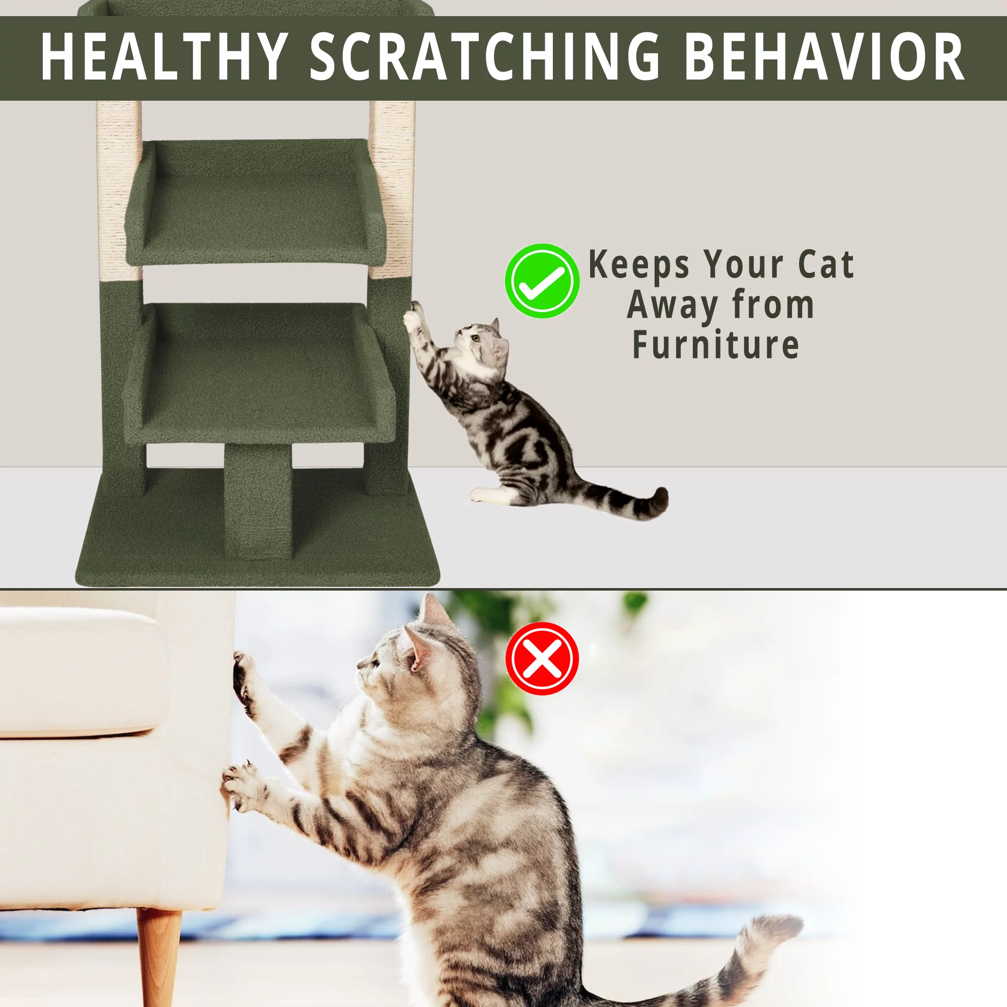 Naomi Home Nala Cat Tree for Large Cats, Cat Activity with Scratching Post, Cat Tower for Large Cats, 3Level Cat Play Perch, Cat Climbing Tower, Cat Tree for Indoor Cats, Multi-Level Cat Condos- Green