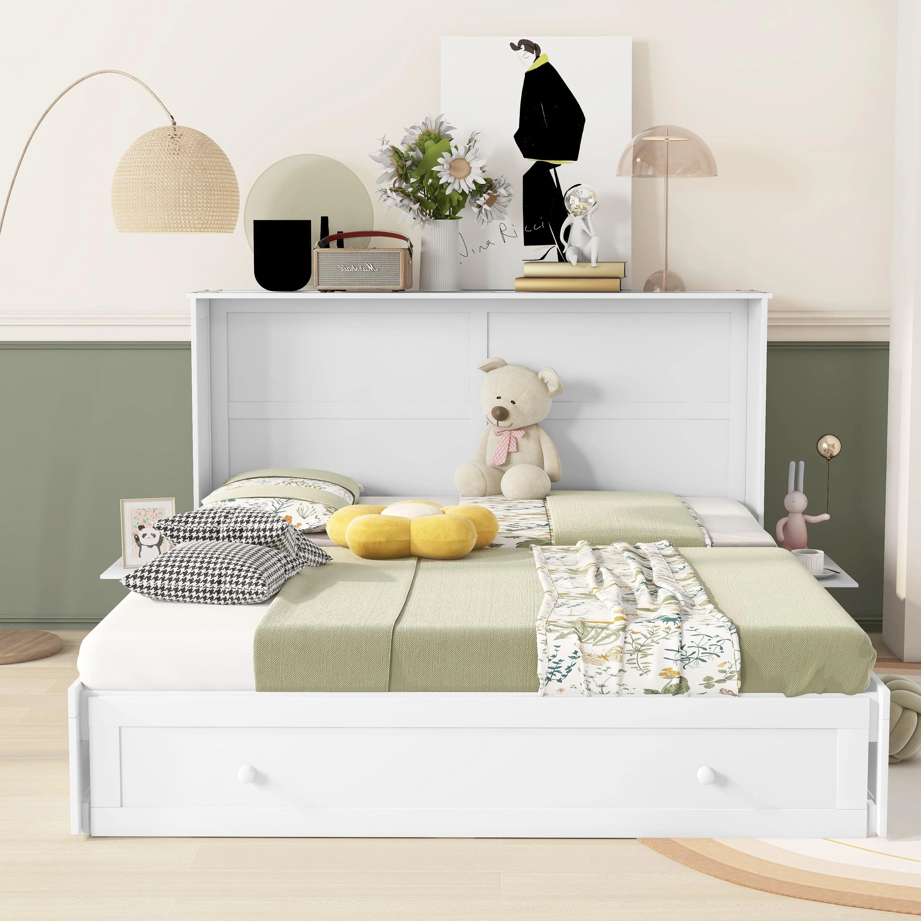 Bellemave Murphy Cube Cabinet Bed with Storage Drawer, Wood Queen Size Murphy Bed Cabinet with Side Little Shelves, Easy Fold Bed Frame for Guest Room, Home, Office (White)