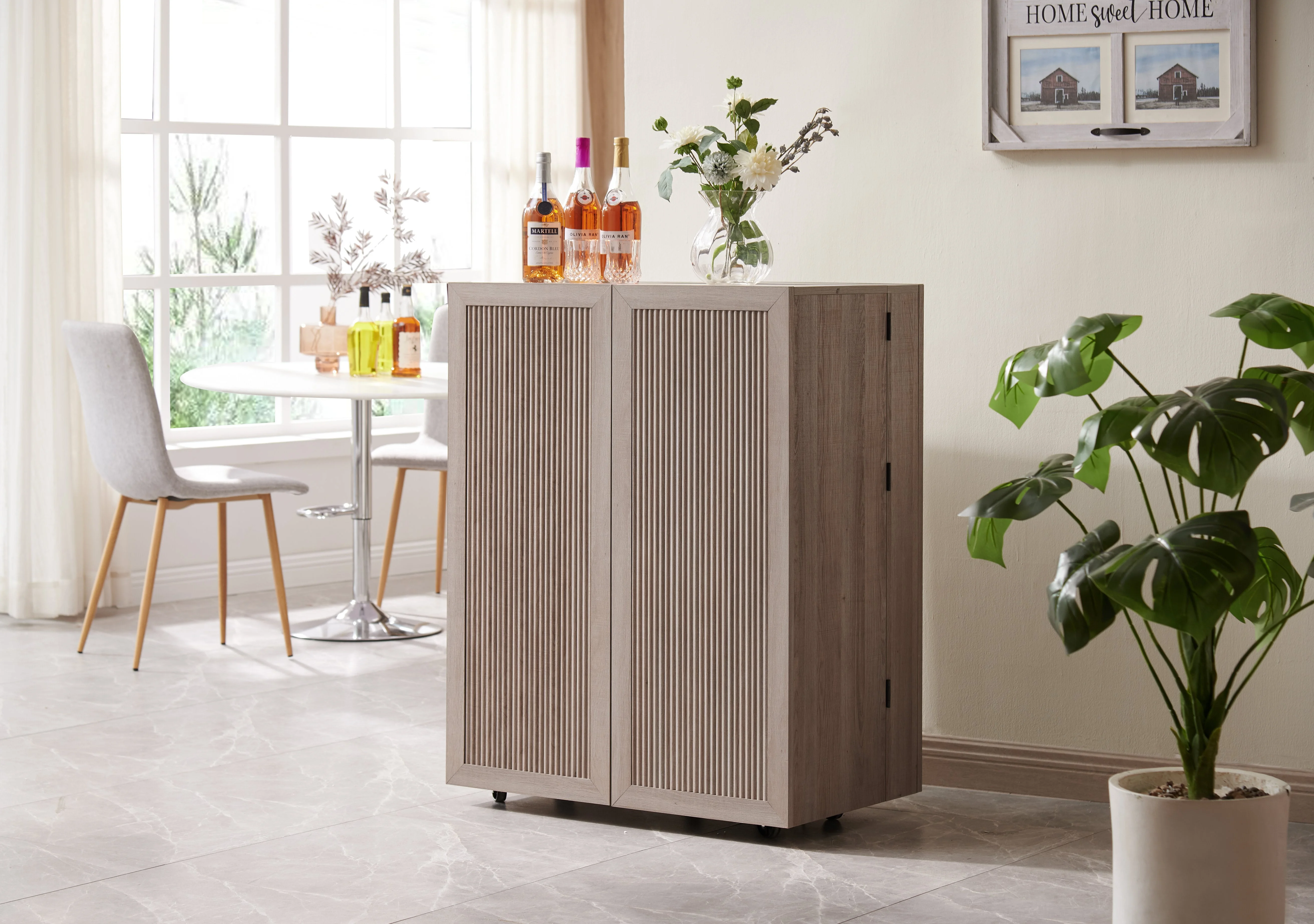 Home Source 40.7' Elegance Bar Server and Wine Glass Cabinet: The Ultimate Liquor and Beverage Cabinet for Your Dining Room with Ample Storage, 12-Bottle Wine Rack, Rollers for Mobility, and Interior