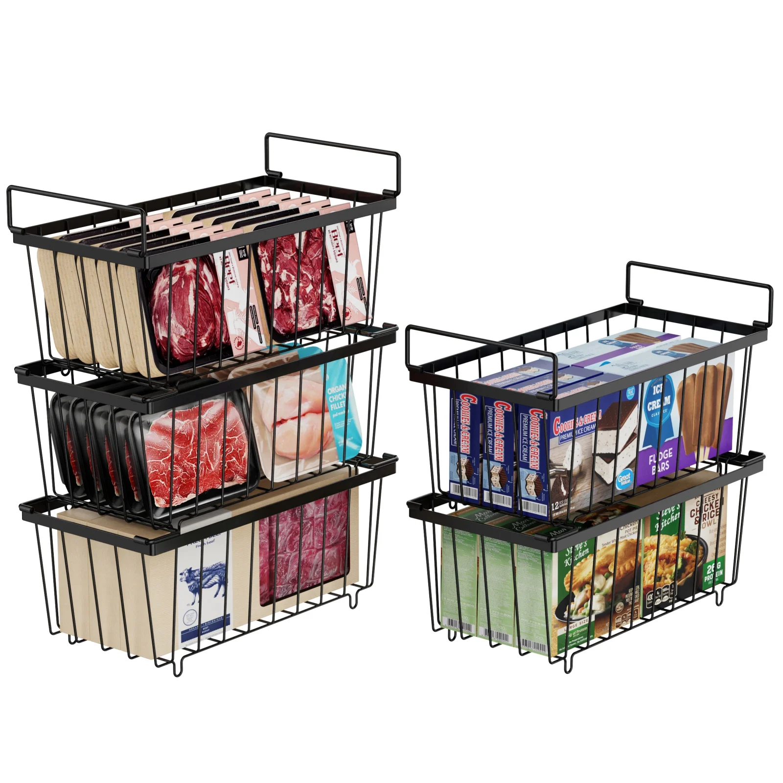 iSPECLE Chest Freezer Baskets - 5 Pack Wire Storage Baskets for 7 Cu.FT Deep Freezer Stackable Freezer Organizer Bins with Fold-down Handles Easy to Remove, Black
