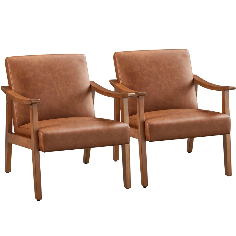 Topeakmart 2pcs Mid-Century Faux Leather Armchair Accent Chair with Solid Wood Legs, Light Brown