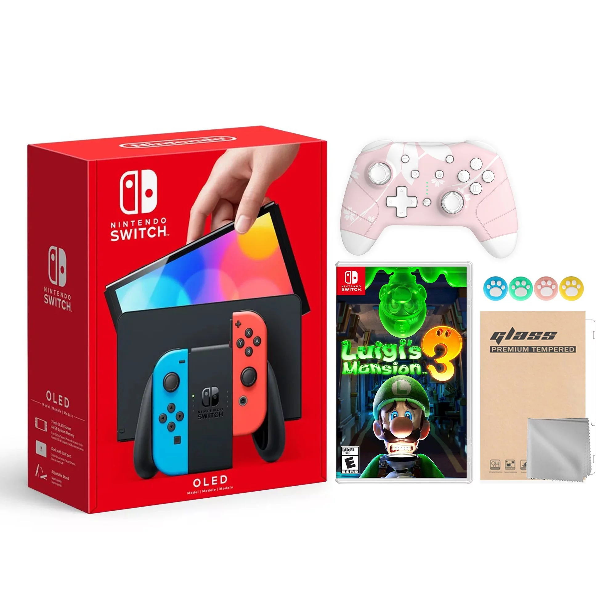 2021 New Nintendo Switch OLED Model Neon Red & Blue Joy Con 64GB Console HD Screen & LAN-Port Dock with Luigi's Mansion 3 And Mytrix Wireless Switch Pro Controller and Accessories