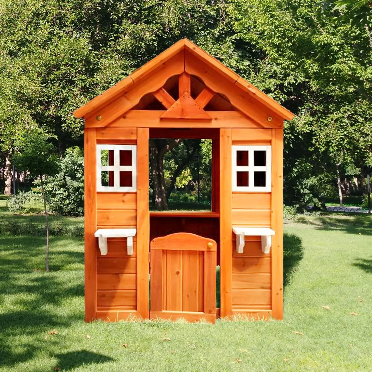 uhomepro Wooden Kids Playhouse with Service Stations, Flower Pot Holders, Windows, Door, Backyard Outdoor Toys for 3-8 Years Old Boys Girls Gift Role Play