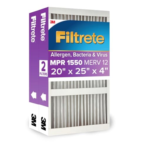 Filtrete 20x25x4 AC Furnace Air Filter, MPR 1550, MERV 12, Fits Lennox & Honeywell, Allergen, Bacteria & Virus, Electrostatic Air Cleaning Filter, 2-Pack (actual size 19.88 x 24.63 x 4.31)