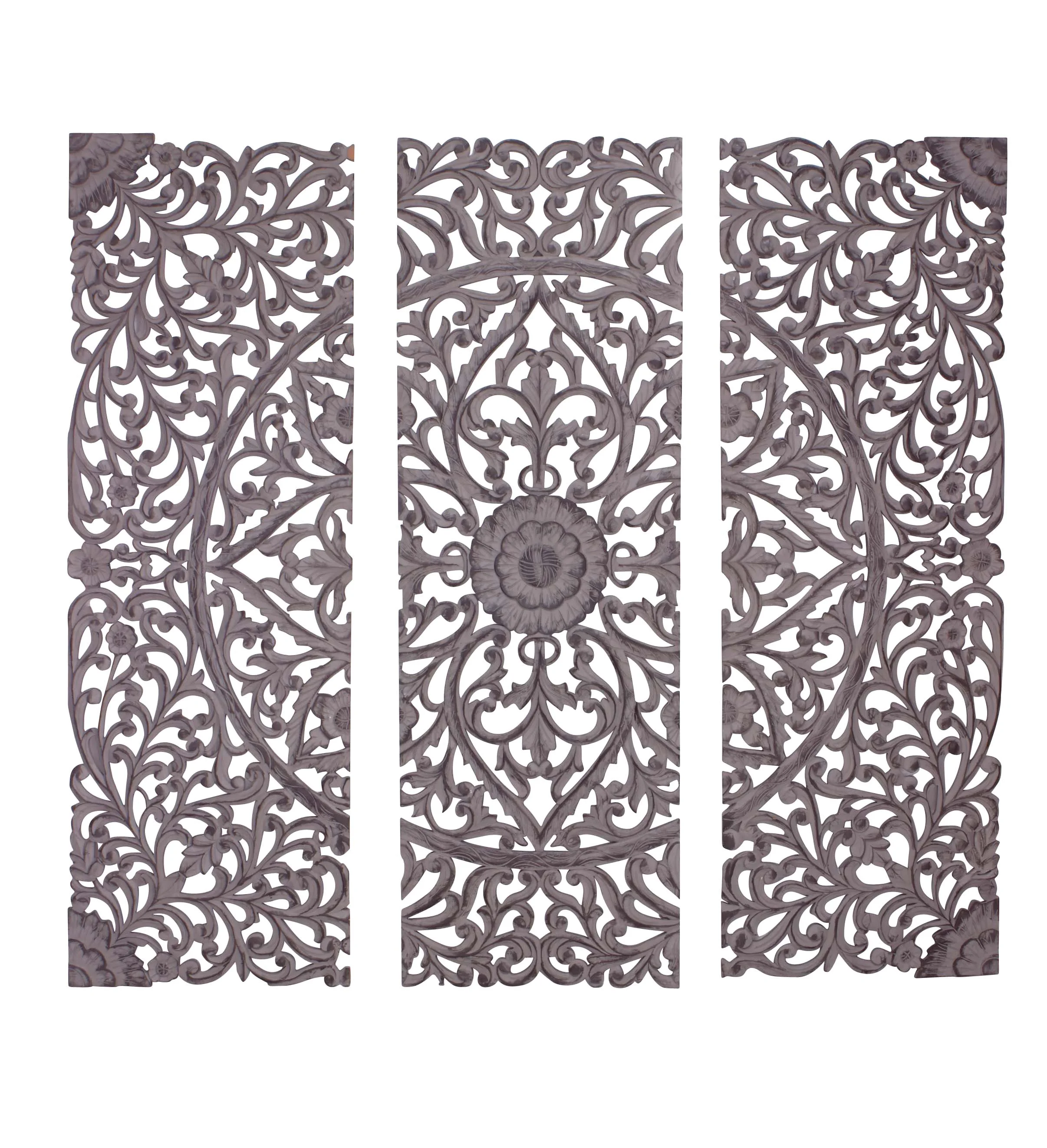 DecMode Traditional Wood Handmade Gray Carved Floral with Mandala Design Wall Décor, Set of 3 24