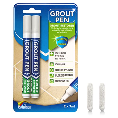 Grout Pen White Tile Grout Paint Marker: Waterproof Tile Grout Colorant and Sealer Pens for Cleaner Looking Floors & Whitener Without Bleach - Narrow 5mm, 2 Pack with Extra Tips (7mL) - White