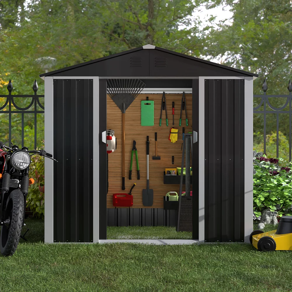 SUXXAN Metal Outdoor Storage Shed, Steel Utility Tool Shed Storage House with Sliding Door, Metal Sheds Outdoor Storage for Backyard Garden Patio Lawn (H6'xW6'x D4') Black