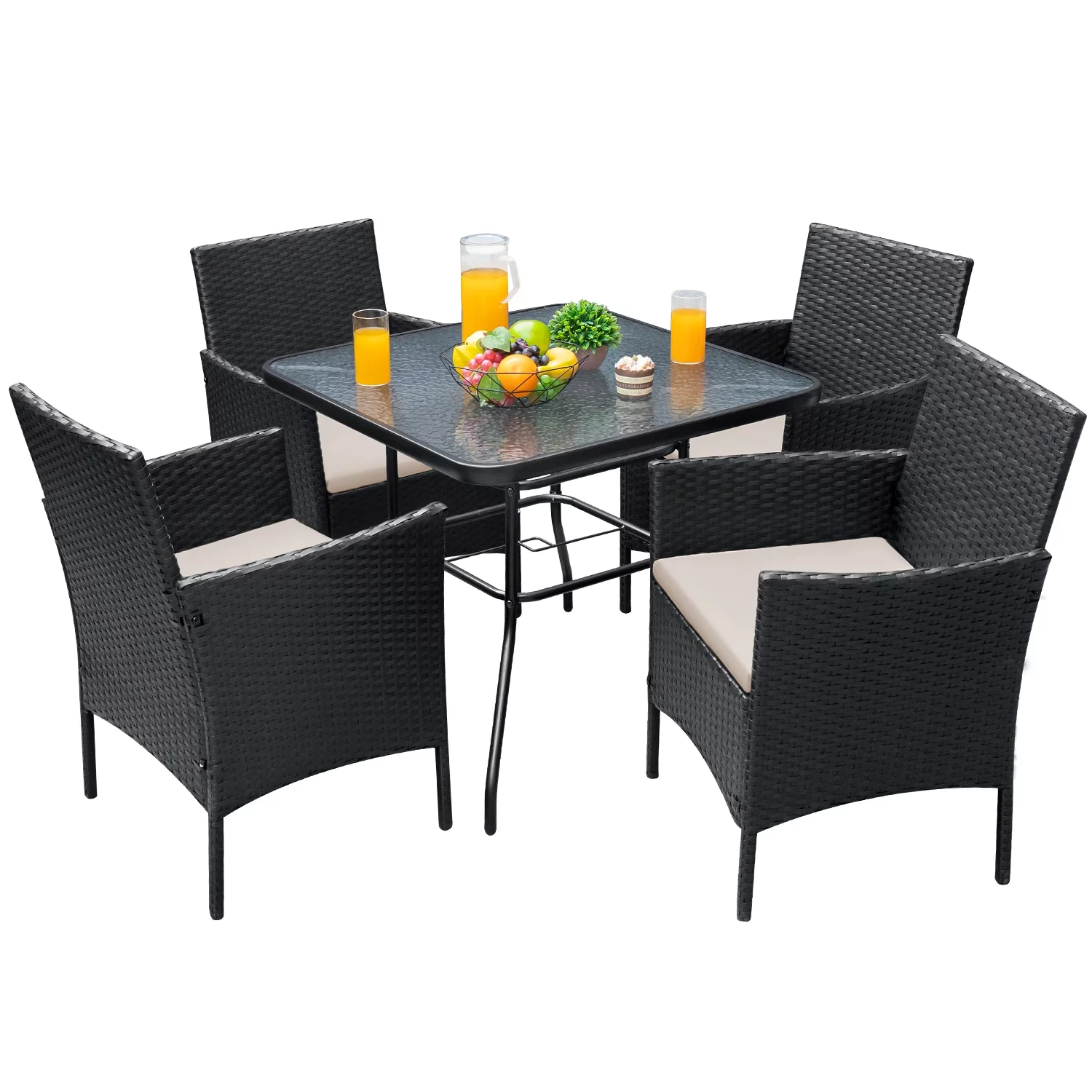 Vineego 5 Piece Patio Conversation Set Wicker Chairs Set with Tempered Glass Table, Beige