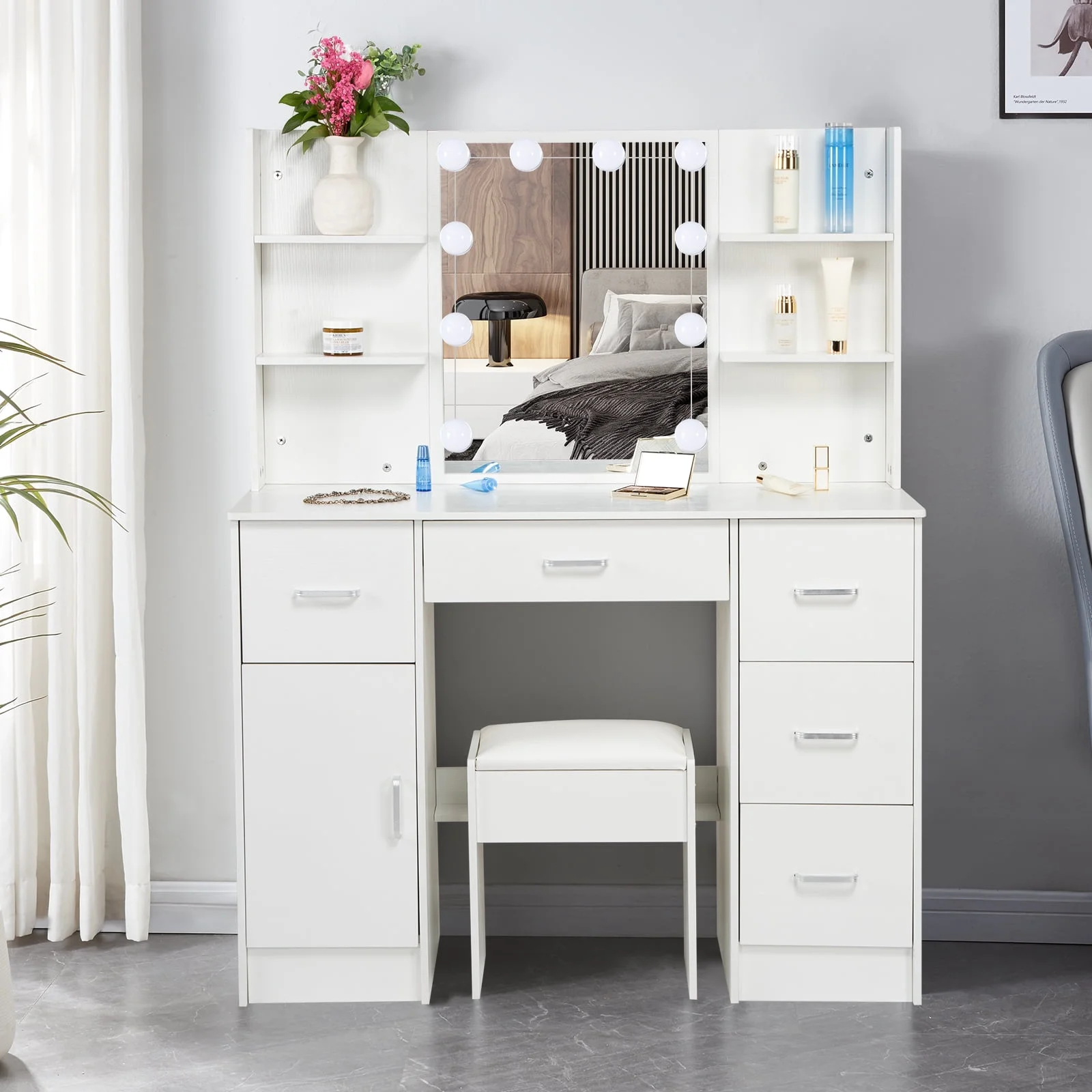 Jarbalai Vanity Set with LED Lights, Makeup Table with Stool, 6 Storage Shelves 5 Drawers, Dressing Table Dresser Desk for Women, Girls, Bedroom, White