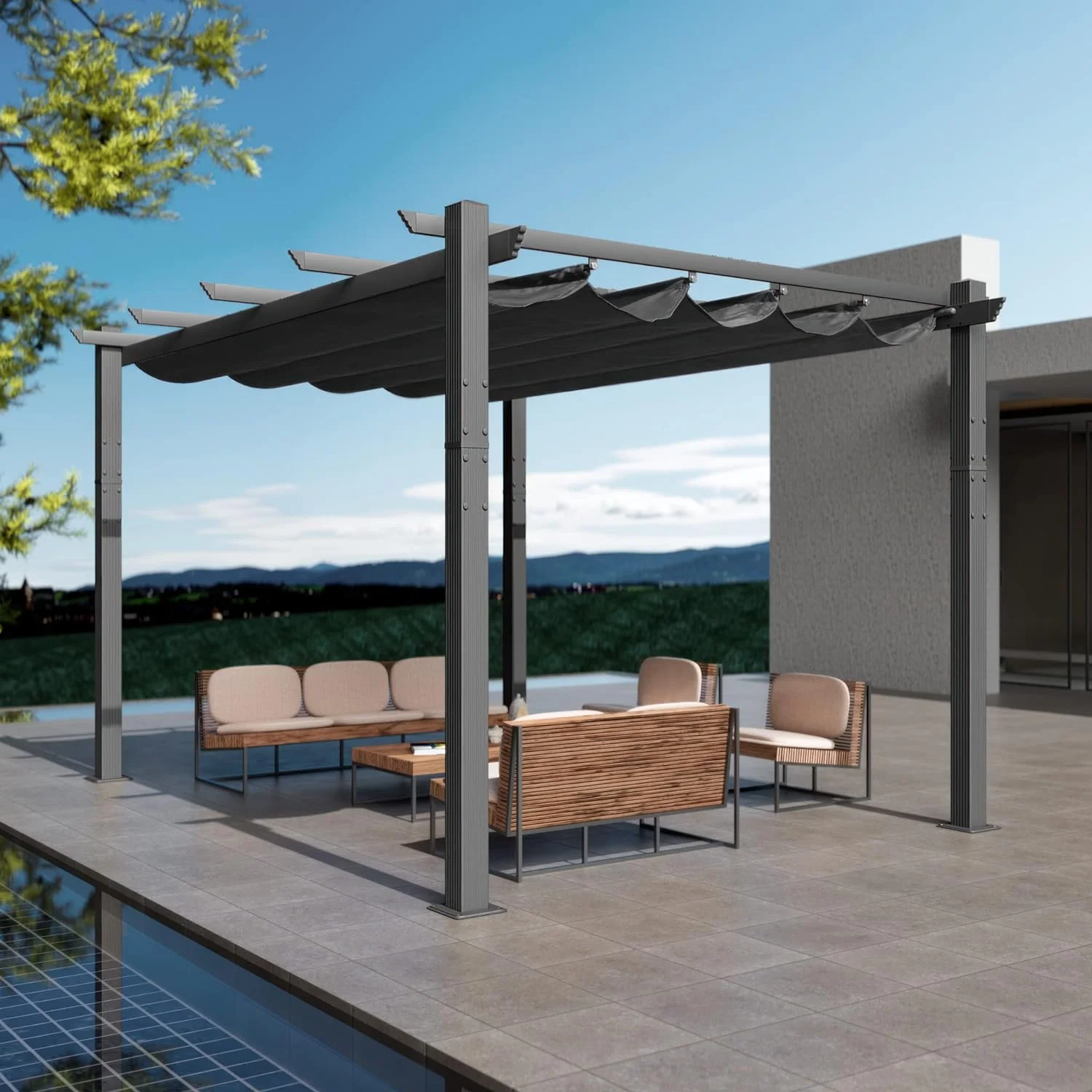 Kozyard Morgan Outdoor Extra-Large Gray Aluminum Frame Pergola with Sunshade Canopy (10' x 13', Gray)