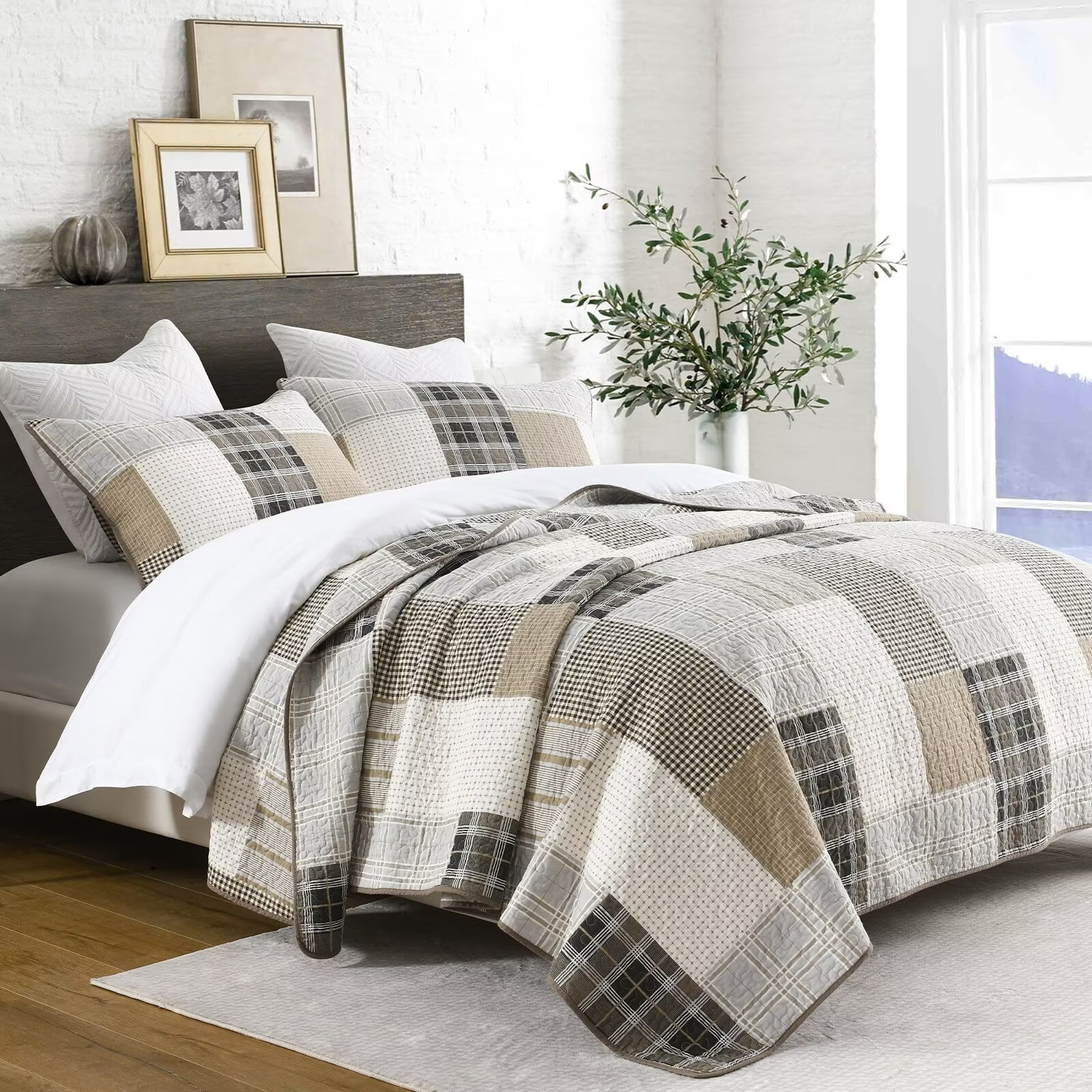 DDUOXIN King Size Quilt Set - 100% Cotton Beige/Brown Patchwork Plaid Farmhouse Quilt for King Bed, Lightweight Winter Quilt Reversible Thin Comforter Set with 2 Pillow Shams, 3-Piece 98
