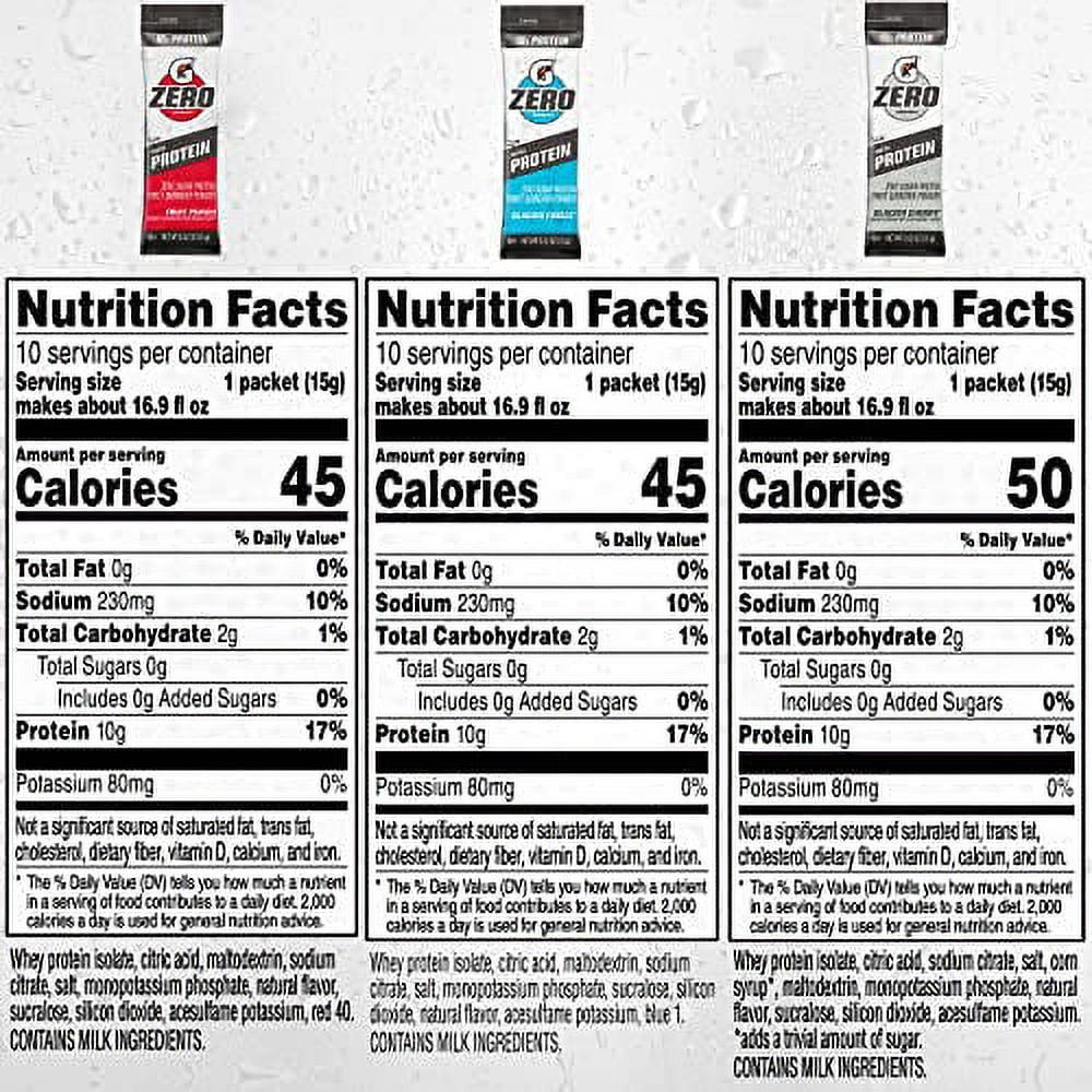 Gatorade Zero with Protein Powder Sticks, 10g Whey Protein Isolate, Zero Sugar, Electrolytes, 3 Flavor Variety Pack, 0.529oz, (30 Pack)
