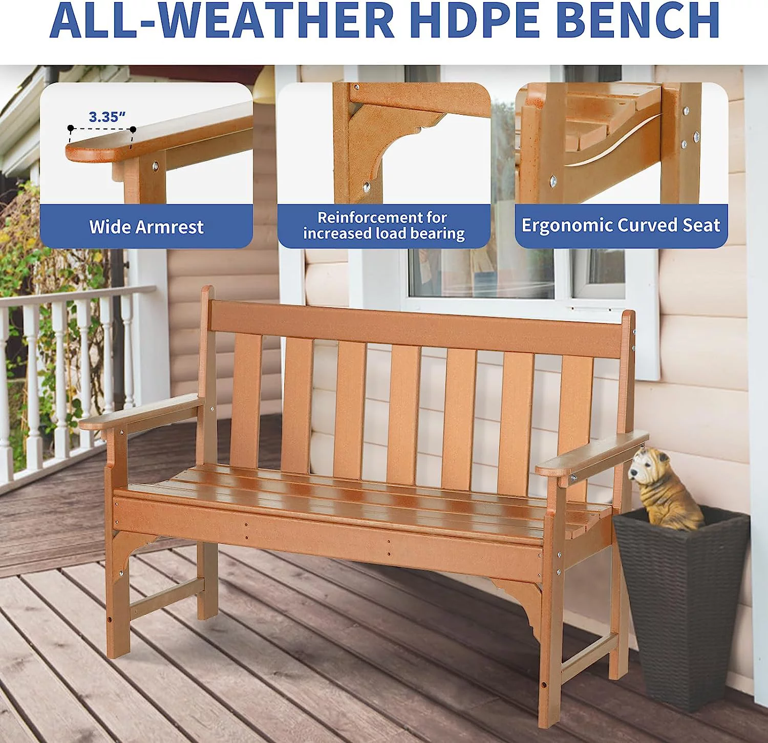 NALONE Outdoor Bench, HDPE All Weather Patio Bench Load up to 800 Lbs, 2-Person Garden Bench Rot-Proof Fade Proof for Patio, Porch, and Park(Teak)
