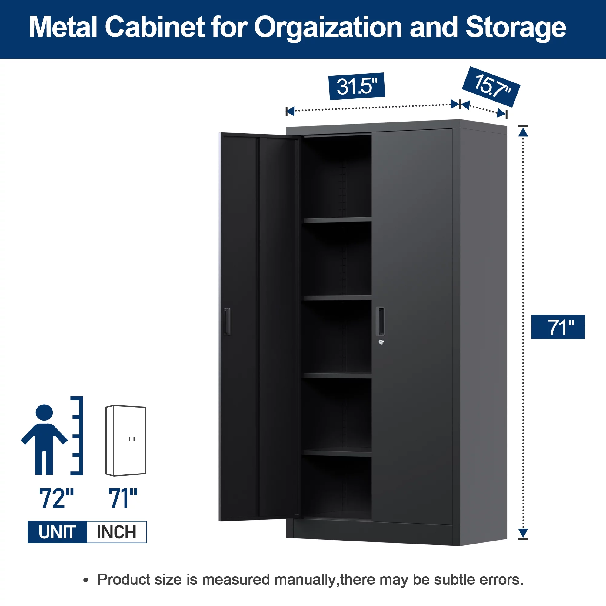 GAEANET 71 inches Tall Metal Storage Cabinet, Locking Steel Storage Cabinet for Office and Garage, 2 Doors Black Storage Cabinet with 4 Adjustable Shelves, Assembly Required