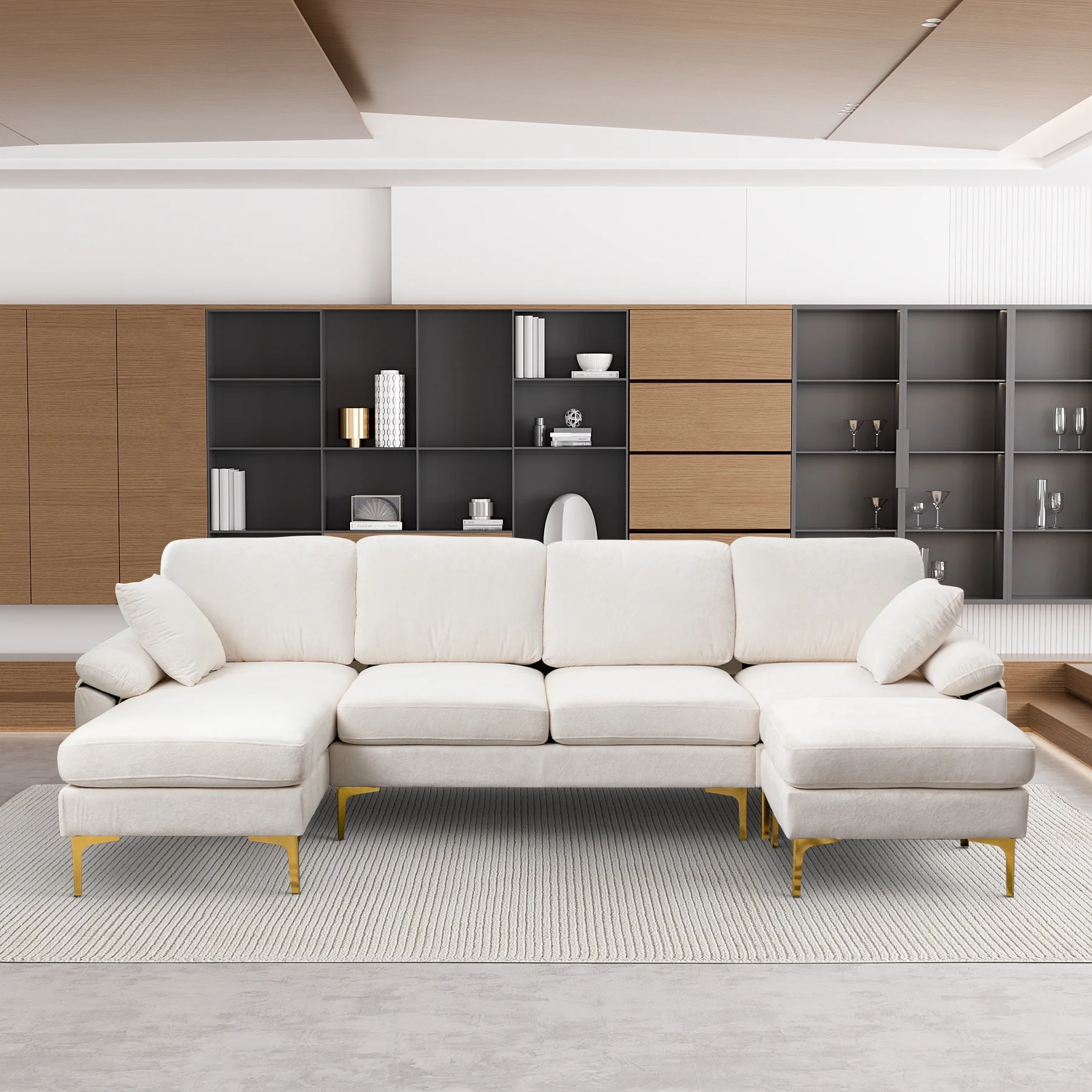 Rophefx Upholstered Velvet U-shaped Sectional Sofa With Ottoman