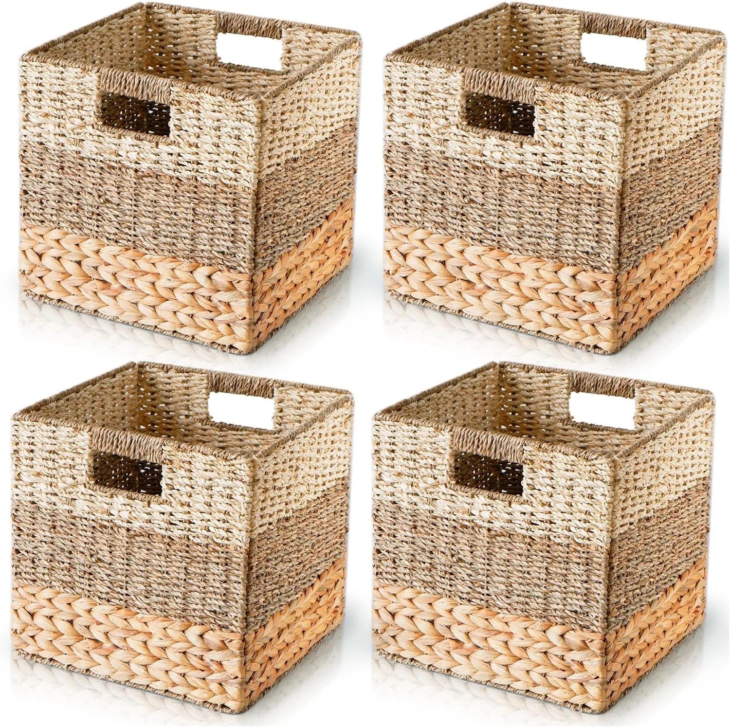 LIHONG Natural Wicker Storage Cubes, 12x12 Storage Cube Bins, Set of 4 Heavy Duty Hyacinth Baskets for Shelf, Foldable Square Baskets for Kallax, Large Cubby Rattan Basket, Kallax Inserts
