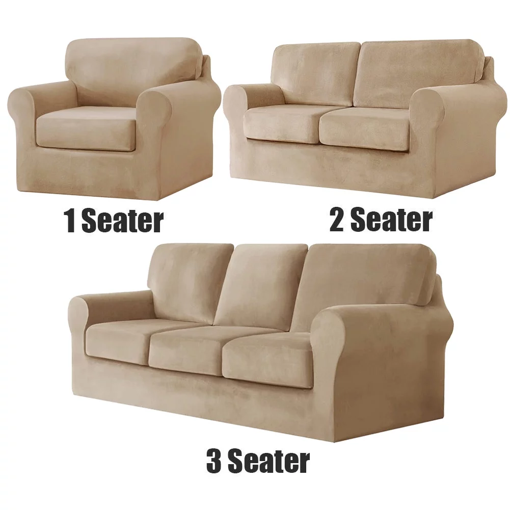Luxury Velvet Couch Cover 5 Piece Stretch Sofa Covers for 2 Cushion Couch Thick Soft Spandex Sofa Slipcover Living Room Anti Slip Dogs Pet Furnitre Protector, Khaki, Loveseat Cover