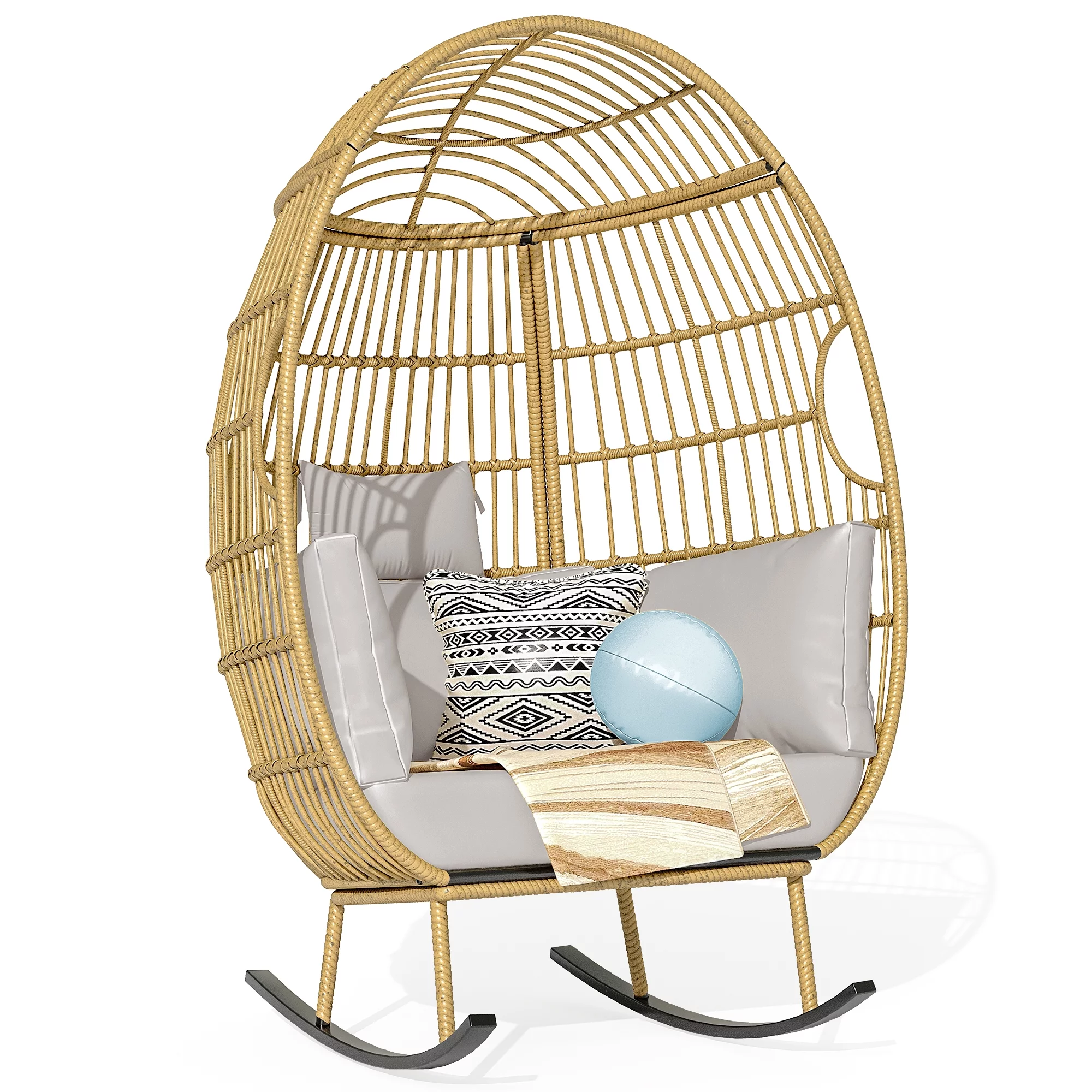Dextrus Indoor Outdoor Rocking Egg Chair, Wicker Patio Rocking Basket Chair with 385lbs Capacity, All-Weather Oversized Egg Lounger Chair - Grey