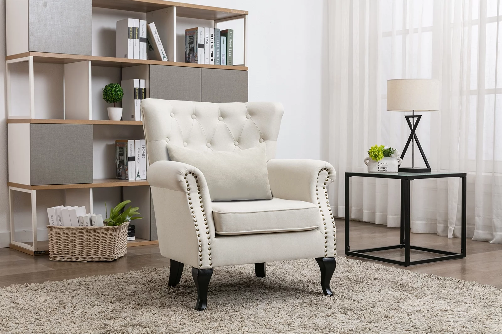 Guyou Mid Century Accent Chair Modern Button Tufted Armchair Wingback Club Chair Linen Single Sofa Lounge Chair with Pillow for Living Room Bedroom, Beige