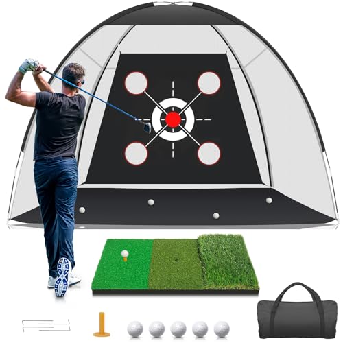 Golf Net with Practice Mat,Golf Hitting Aid Nets 10x7FT for Backyard Driving Chipping Training Swing with Target Mat Balls for Outdoor Indoor，Gifts for Men Dad Him and Golfer