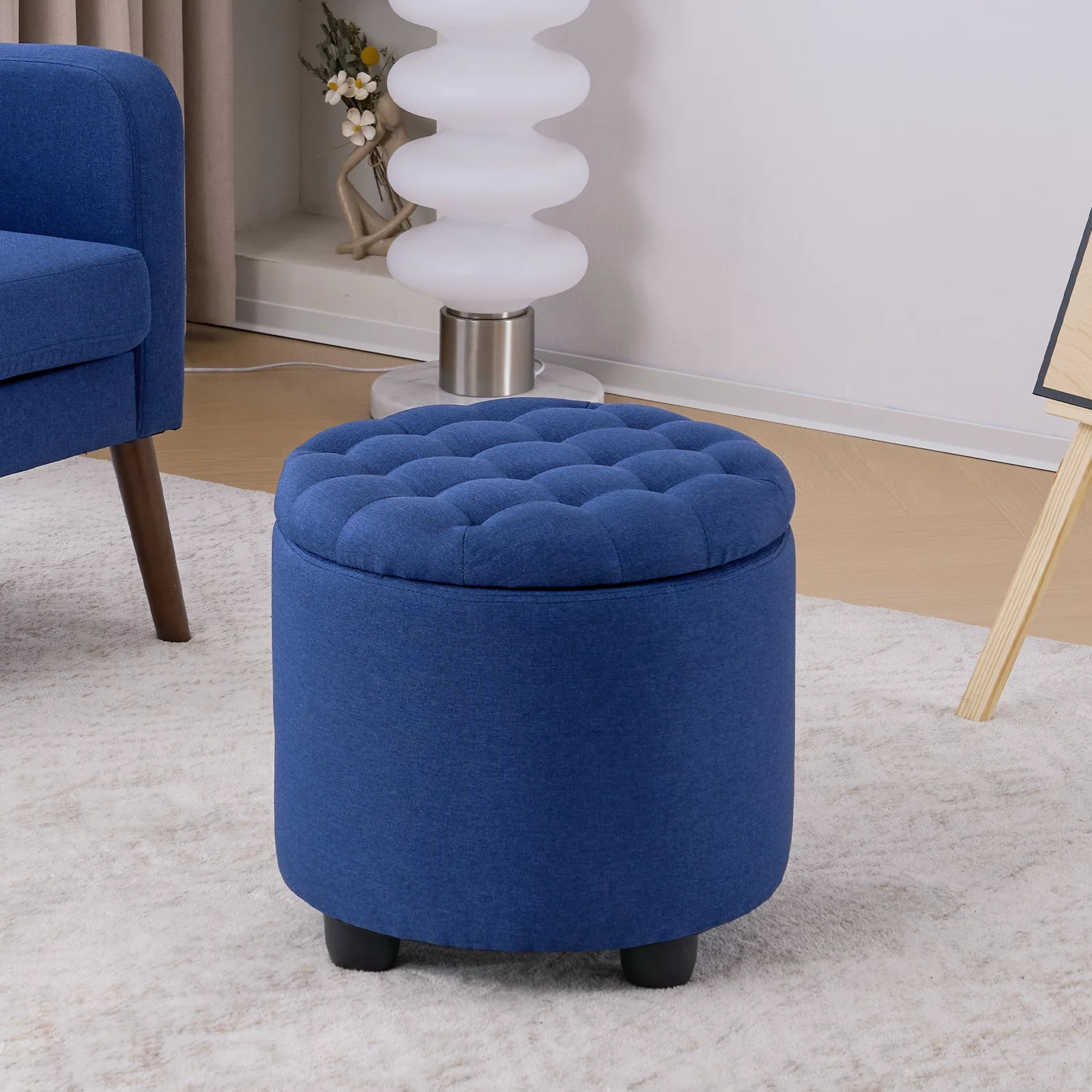 Furniliving Fabric Upholstered Large Round Storage Ottoman Linen Button-Tufted Ottoman with Removable Lid, DarkBlue