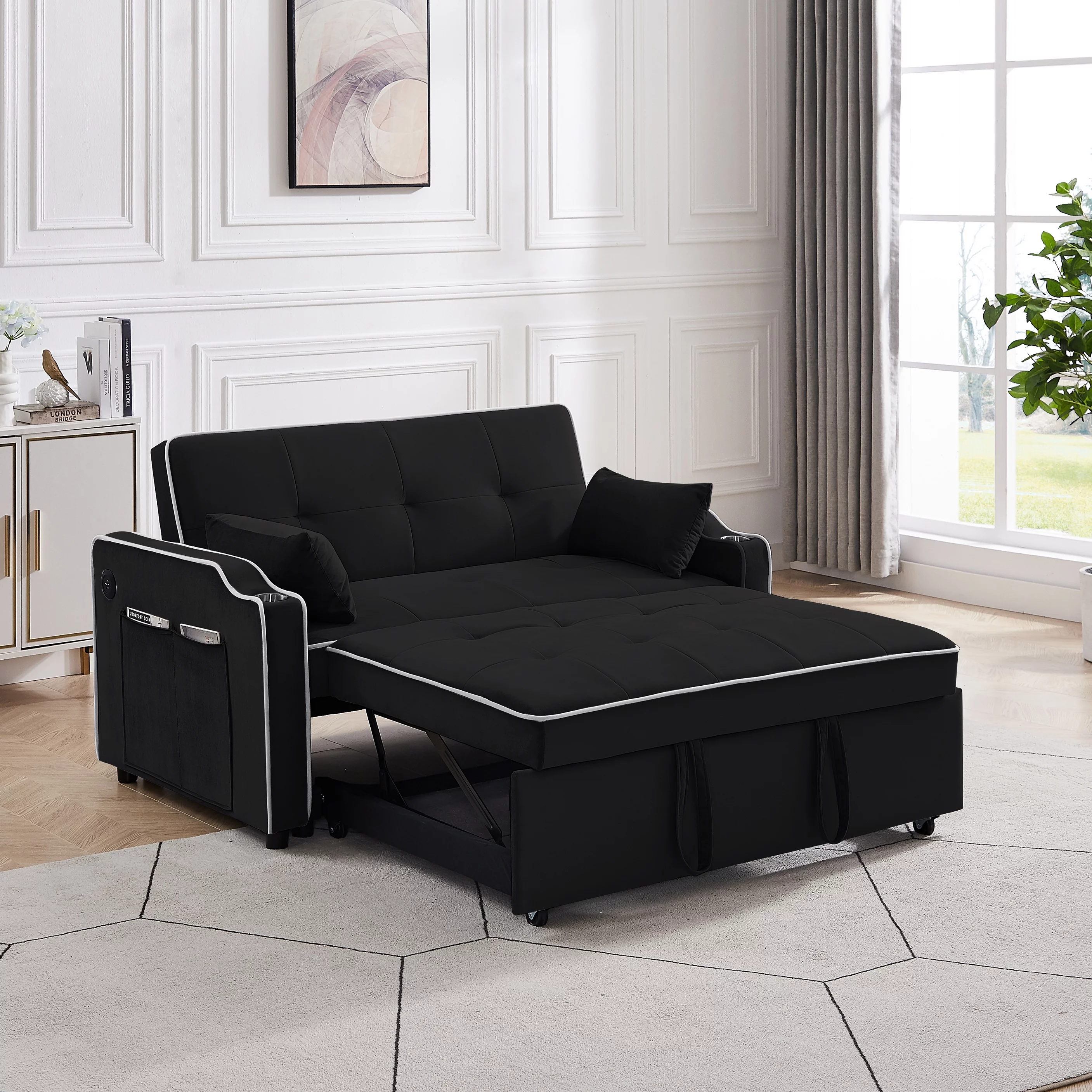 Momspeace Pull Out Loveseat Sleeper Sofa Bed with Cup Holders, Usb Ports and Side Pockets, Black