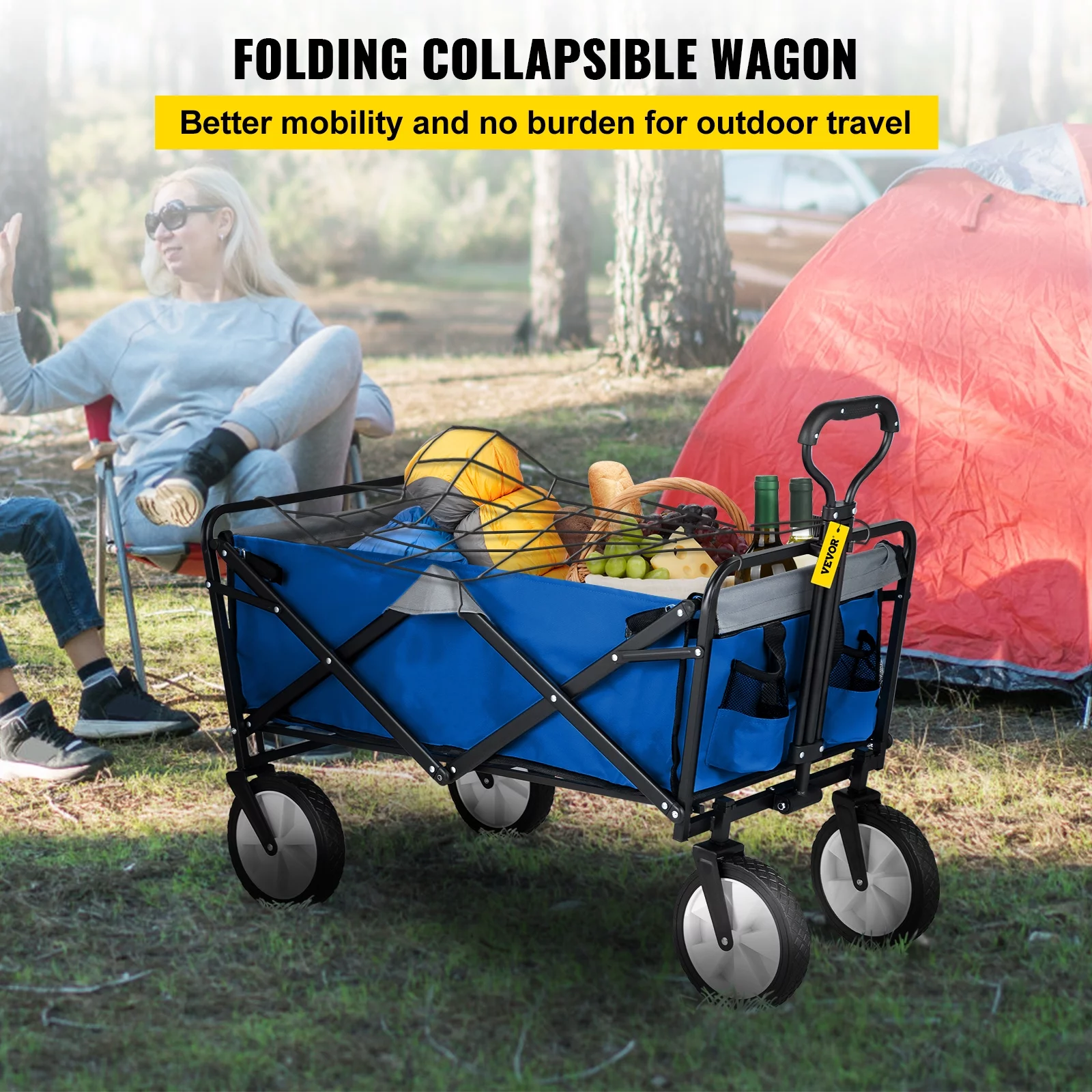 VEVORbrand Collapsible Wagon Cart ,Folding Wagon Cart , 176 lbs Load Beach Wagon Oversized Wheels, Portable Folding Wagon Adjustable Handles for Beach, Garden, Sports, Camping,Blue & Gray