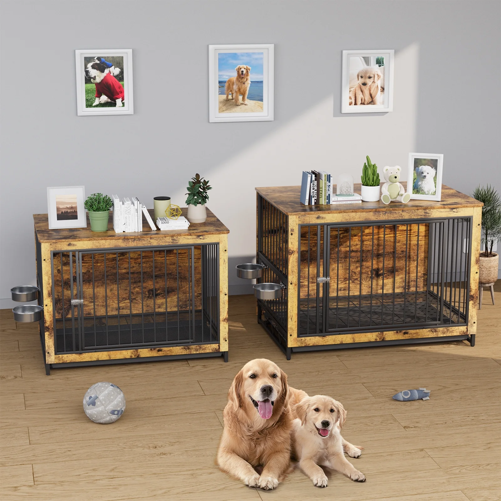 Arlopu 44.1'' Furniture Style Large Dog Crate with 2 Stainless Steel Bowls, Wooden Dog Cage End Table Dog House Heavy Duty Indoor Kennel for Small, Medium, Large Dogs