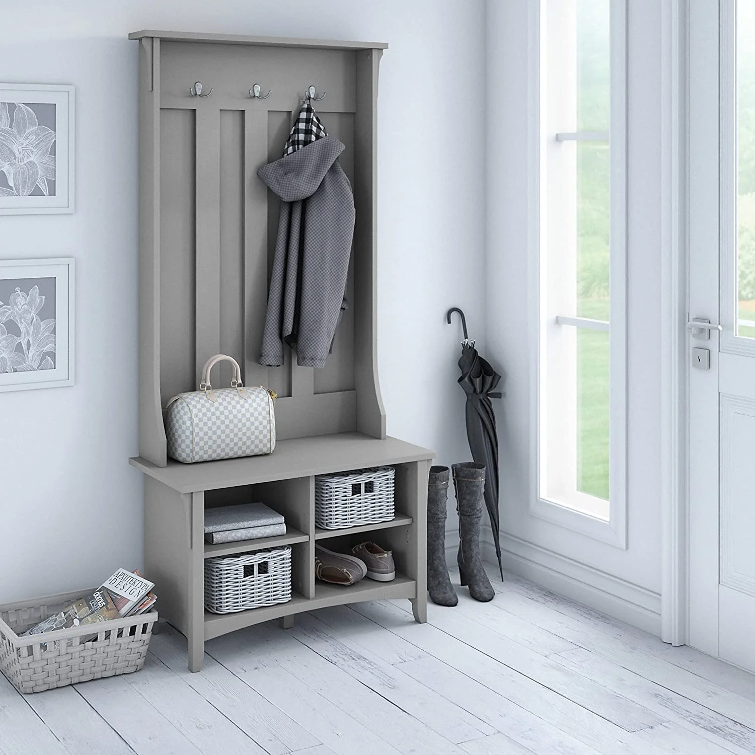 WANHUI Salinas Hall Tree with Shoe Bench in Cape Cod Gray, Entryway Storage Set, Mudroom Organizer with Coat Rack and Footwear Shelves Small