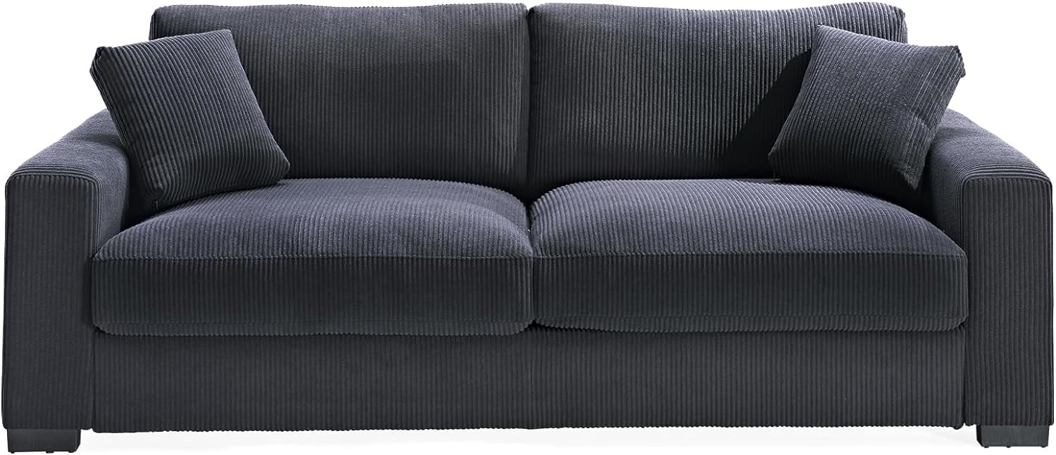 Luxe Corduroy Sofa with 2 Toss Pillows, Spacious and Comfortable 3 Seater Couch