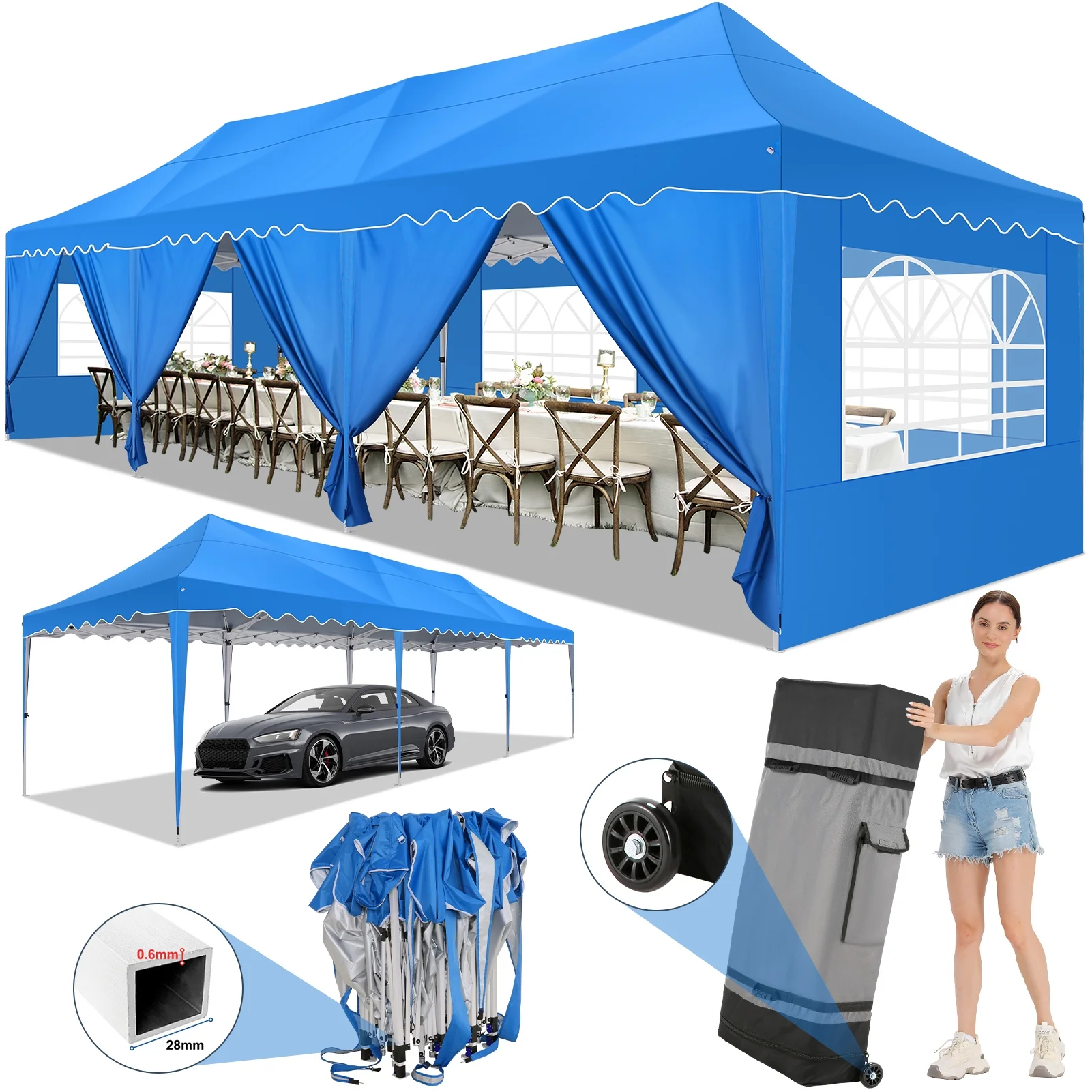 SANOPY 10X30ft Party Tents Heavy Duty Commercial Pop Up Canopy Tent with 8 Sidewalls Suit for 30 Persons Large Wedding Canopy Windproof Waterproof UPF50+ Outdoor Canopy w/Roller Bag &4 Sandbags,Blue
