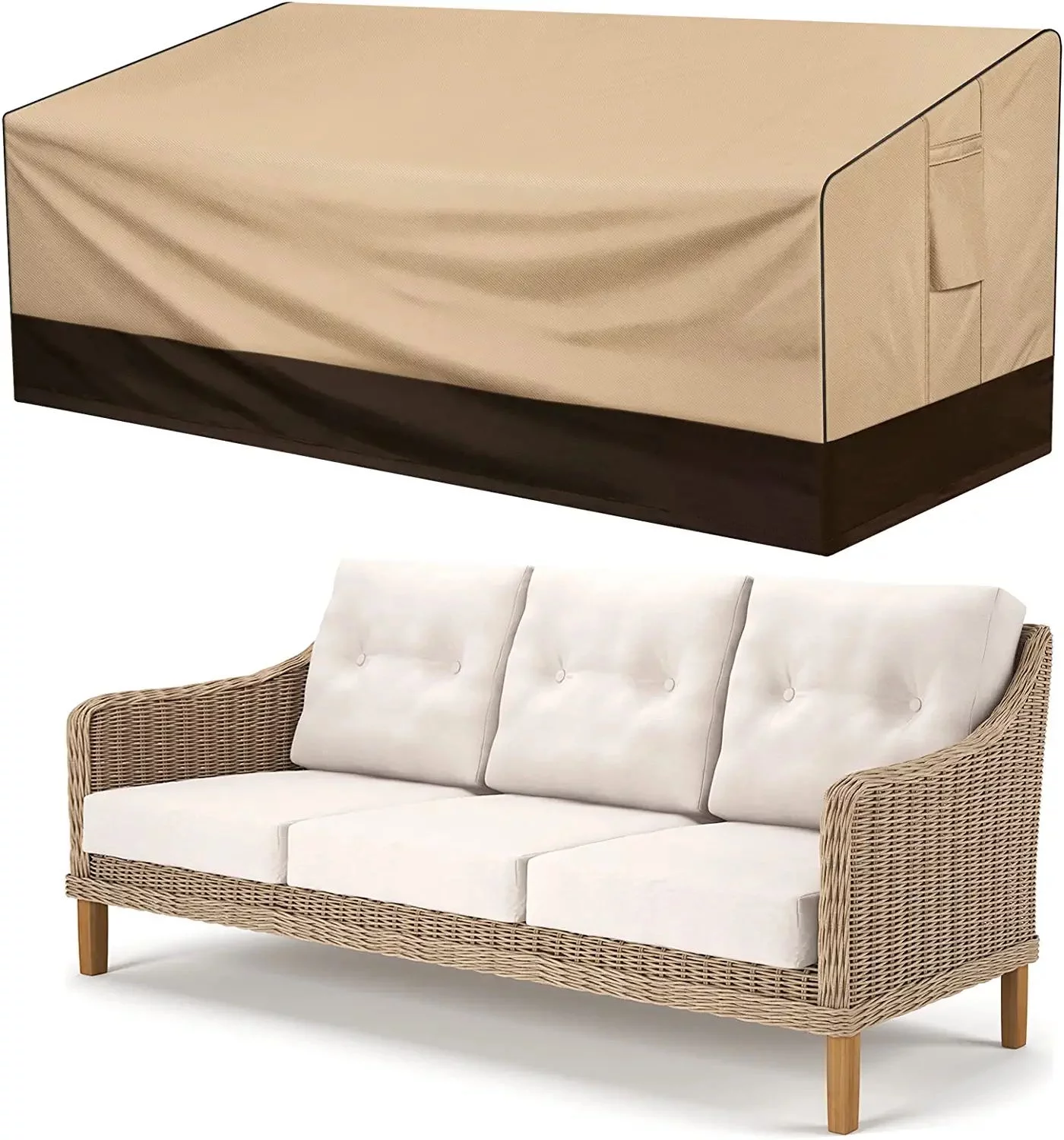 PatioGem Outdoor Furniture Covers, Waterproof Patio Chair Sofa Loveseat Lounge Bench Cover, 600D Heavy Duty 3-Seat Rectangle Couch Cover with Air Vents, Beige & Brown