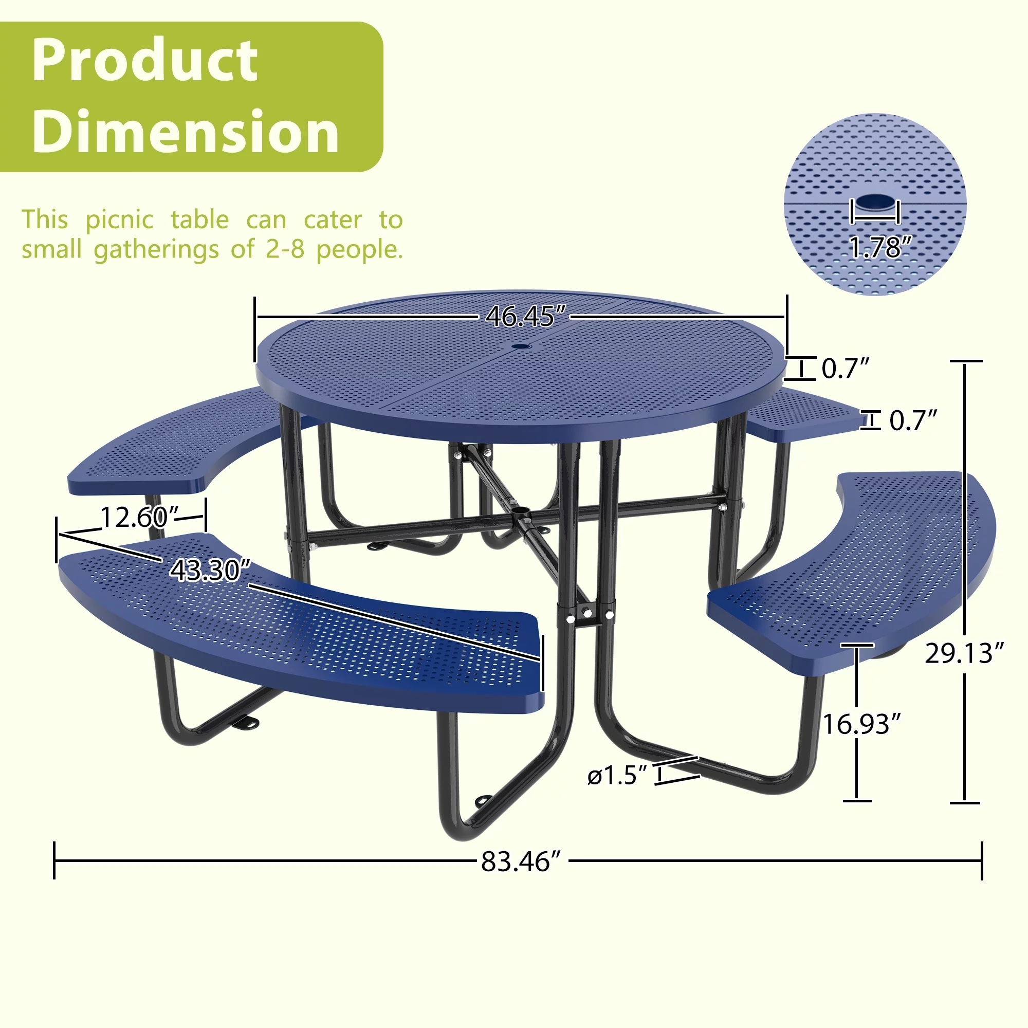 46'' Steel Round Picnic Table for Outdoors, Expanded, Lifetime Picnic Table with Umbrella Hole, Heavy Duty Sturdy Commercial Picnic Tables for Garden Courtyard BBQ, Blue