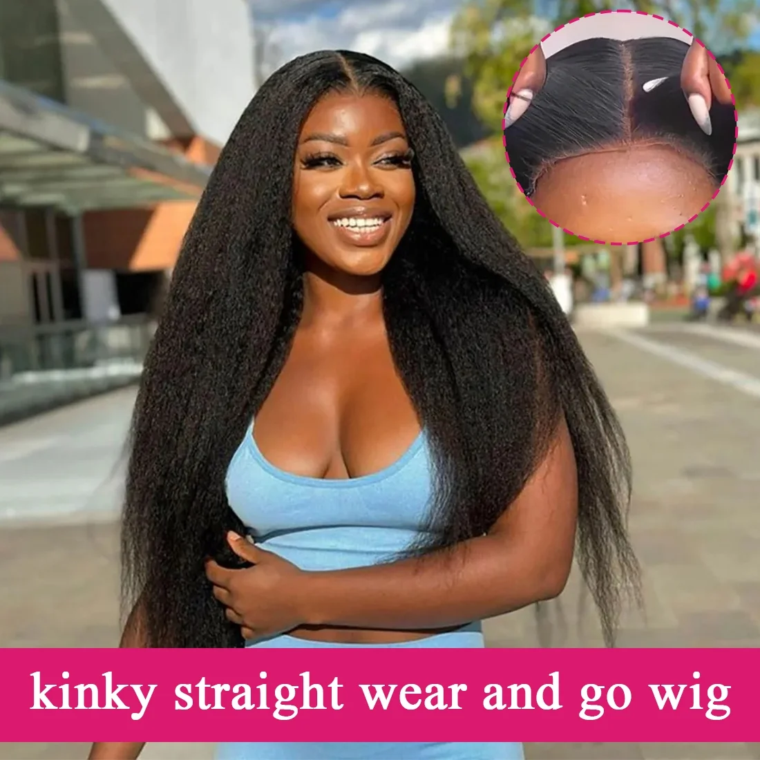 Afrodiva Wear and Go Glueless Wig Human Hair Kinky Straight 4x4 Lace Front Wigs Human Hair for Beginners Pre Plucked Wig for Women Yaki Straight Glueless Wigs 14 inch