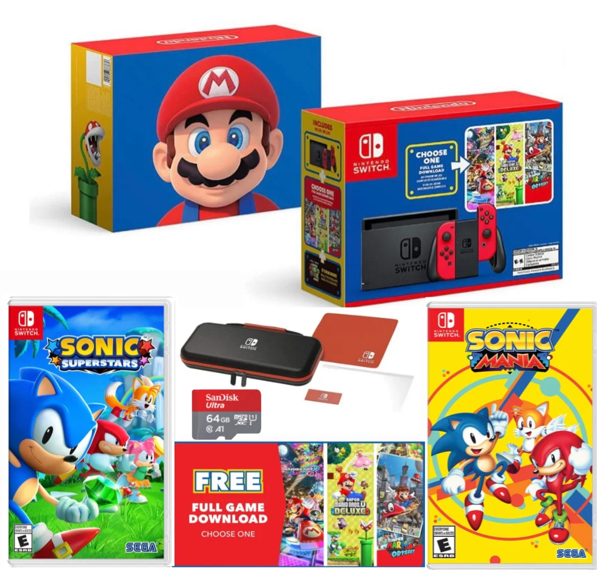 Nintendo Switch Mario 40th Edition Console - Red Joy-Con - Choose One of Three Download Mario Games + Sonic Superstars + Sonic Mania + 64GB MicroSD Memory card + Switch Carrying Case