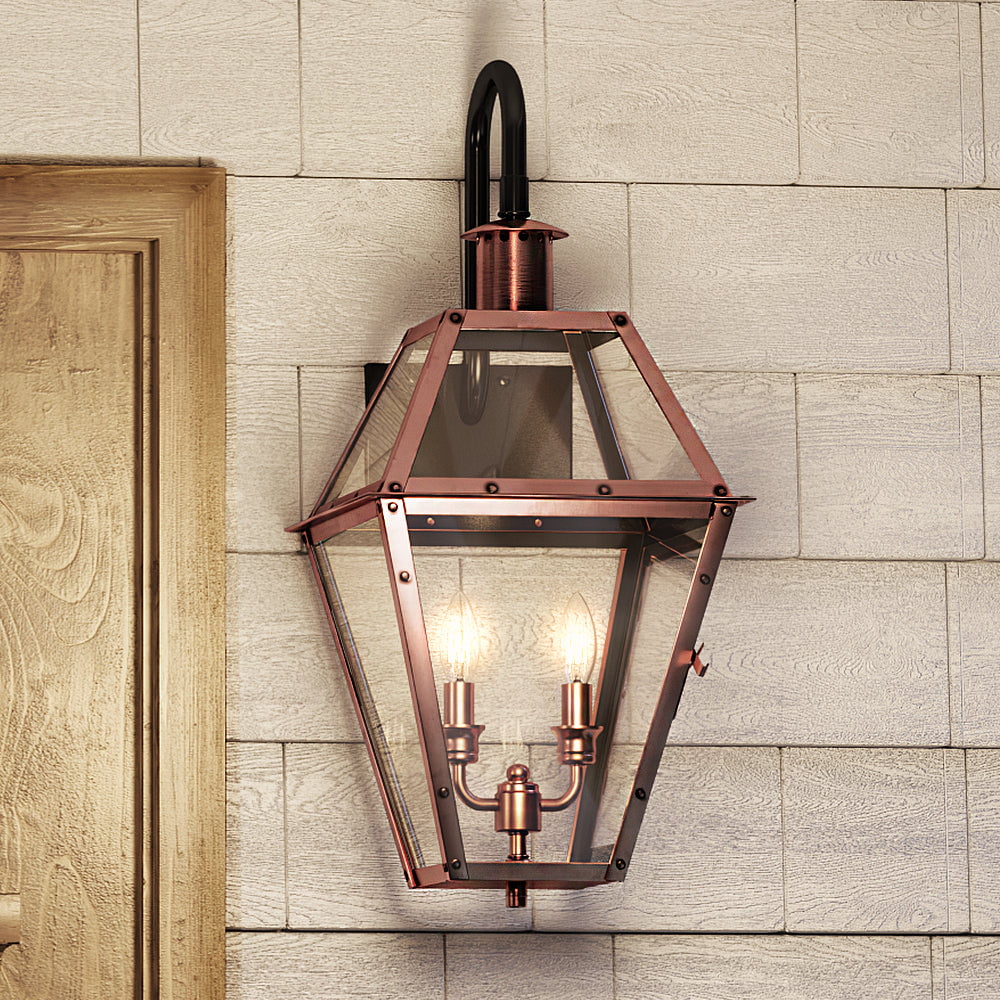 Luxury Historic Outdoor Wall Sconce, 22.50''H x 10.50''W, with Tudor Style Elements, French Country Design, Rustic Copper Finish and Clear Glass, Clear Glass TempeRing, UQL1382