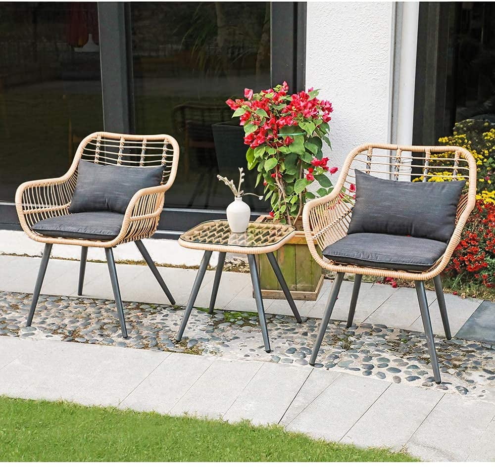 JOIVI 3-Piece Patio Set, Outdoor Wicker Conversation Bistro Sets for Porch, Backyard with Square Glass Top Coffee Table, Cushions and Lumbar Pillows