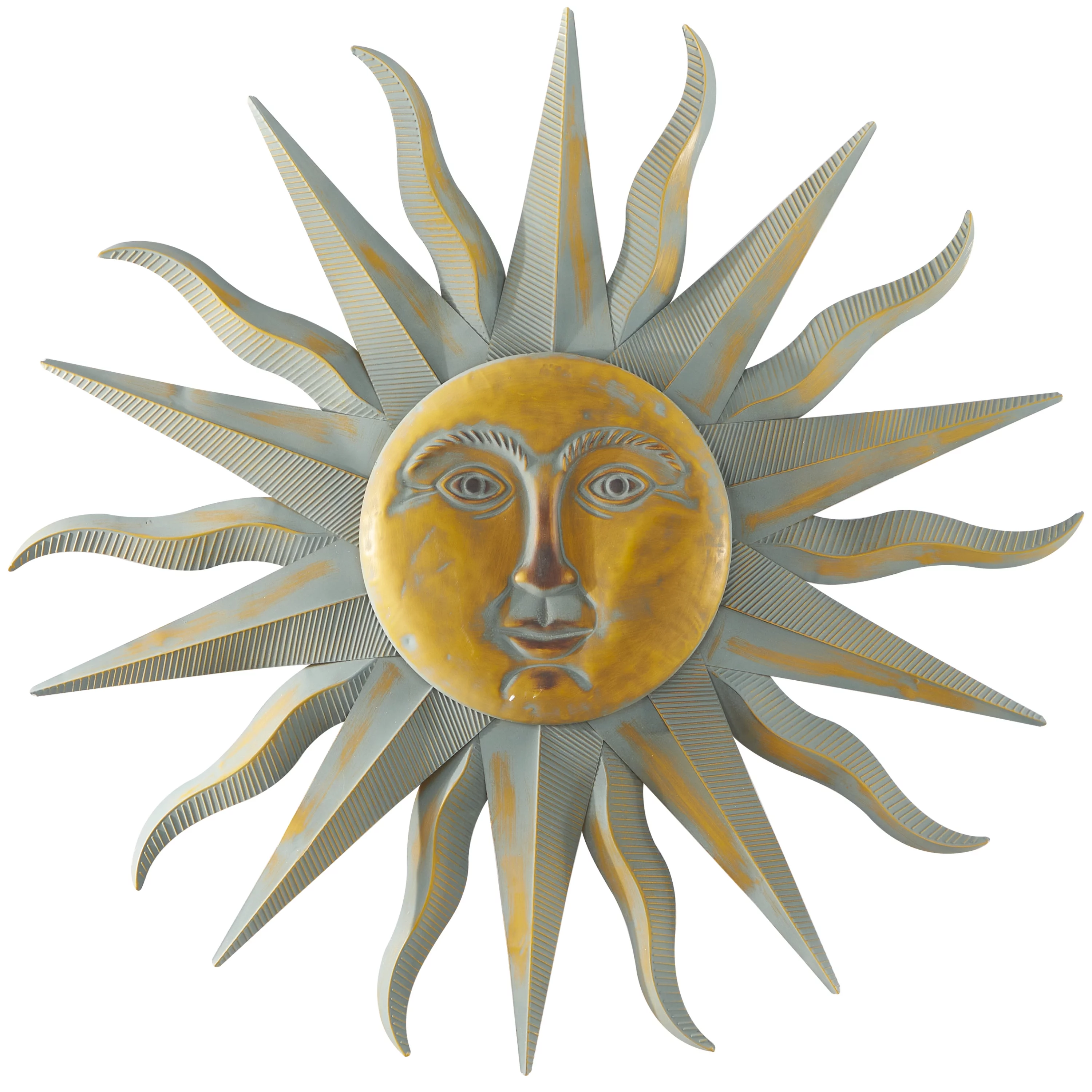 DecMode Gold Metal Indoor Outdoor Distressed Sun Wall Decor with Copper-Like Accents and Grooves