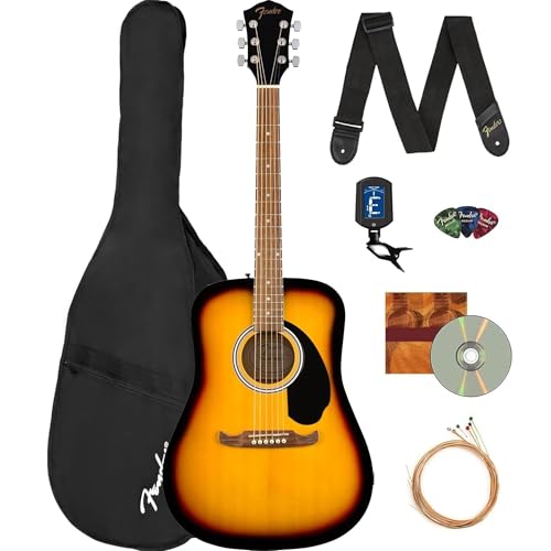 Fender Dreadnought Acoustic Guitar - Black Bundle with Gig Bag, Strap, Strings, String Winder, Picks, Fender Play Online Lessons, and Austin Bazaar Instructional DVD