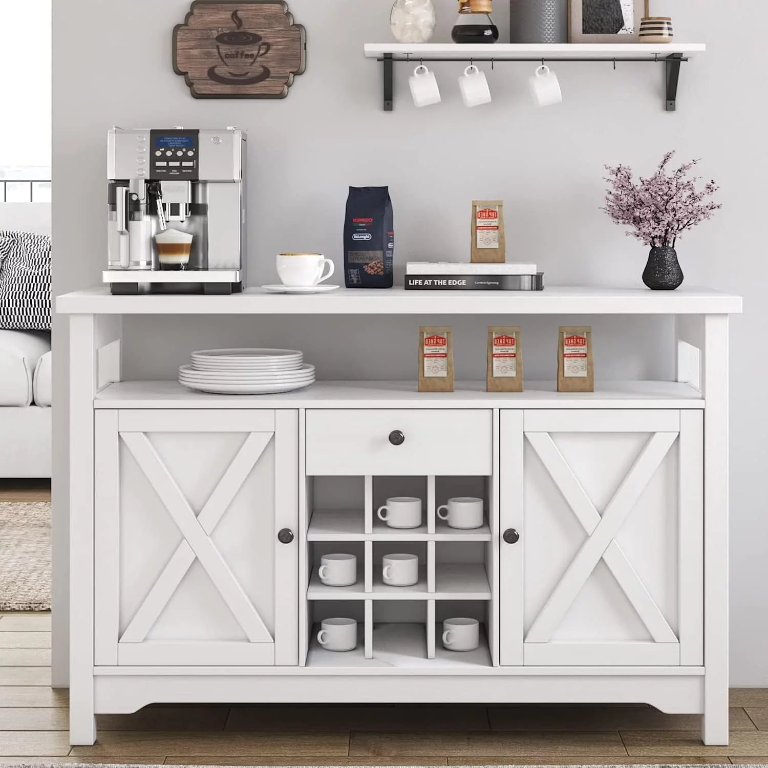 Farmhouse Coffee Bar Cabinet with Storage, White Coffee Bar with 9 Wine Racks Barn Door, Kitchen Buffet Cabinet with Drawer, Wine Bar Cabinet with Adjustable Shelf for Dining, Living Room