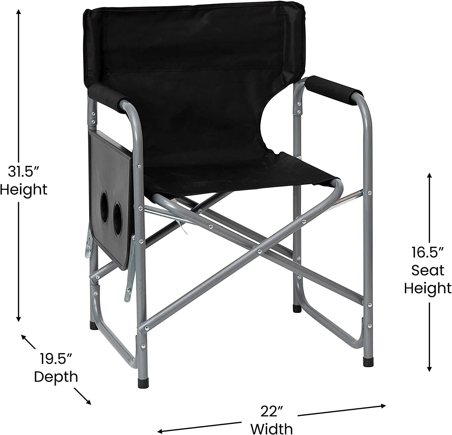 BizChair Folding Black Director's Camping Chair with Side Table and Cup Holder - Portable Indoor/Outdoor Steel Framed Sports Chair