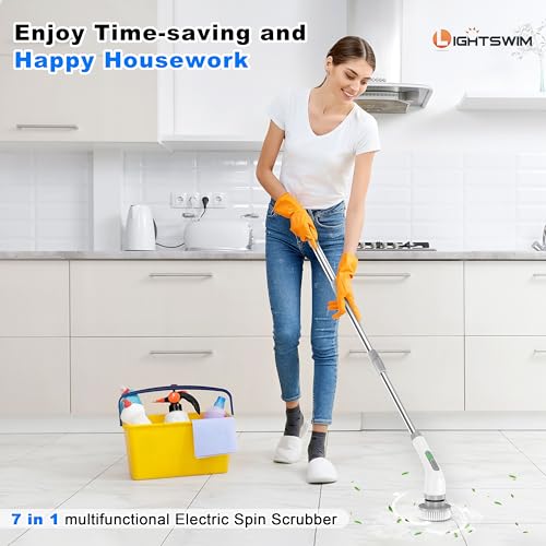 Electric Spin Scrubber, Upgrade 7 in 1 Electric Cleaning Brush,420RPM Powerful Cleaning, 1.5H Bathroom Scrubber Dual Speed with Extension Arm for Kitchen, Car, Tile, Wall, Floor, Shower