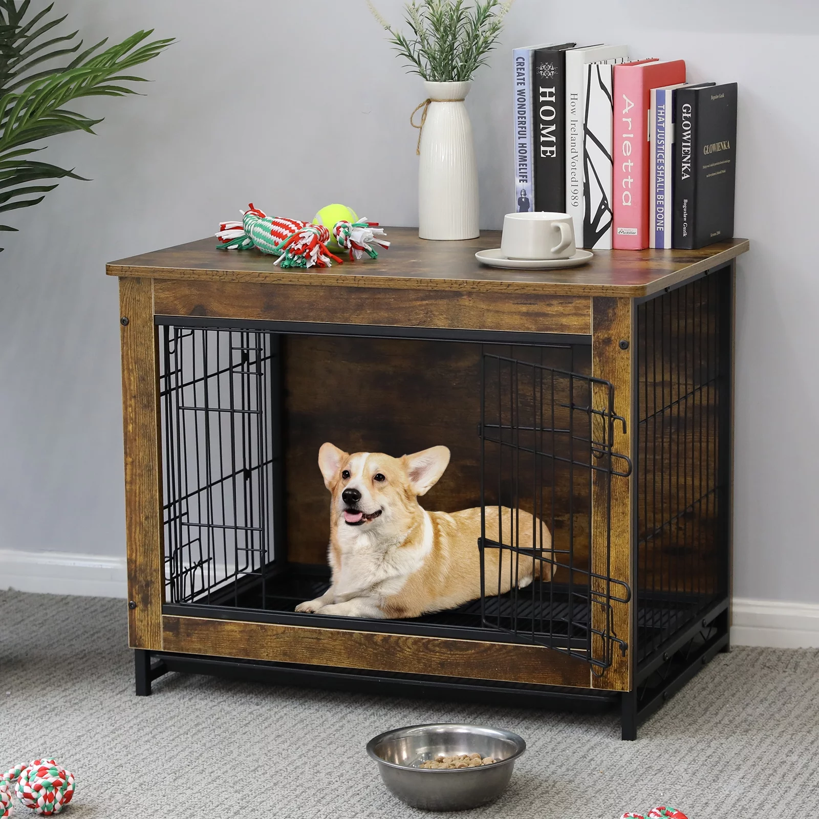 LAZY BUDDY Dog Crate Furniture, Side End Table, Modern Wooden Kennel Dog Cage with Removable Tray