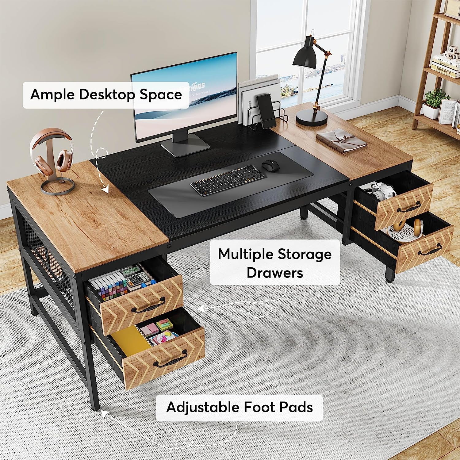 Tribesigns 63 inch Executive Desk, Farmhouse Computer Desk with 4 Drawers for Home Office, Set of 2, Light Brown & Black