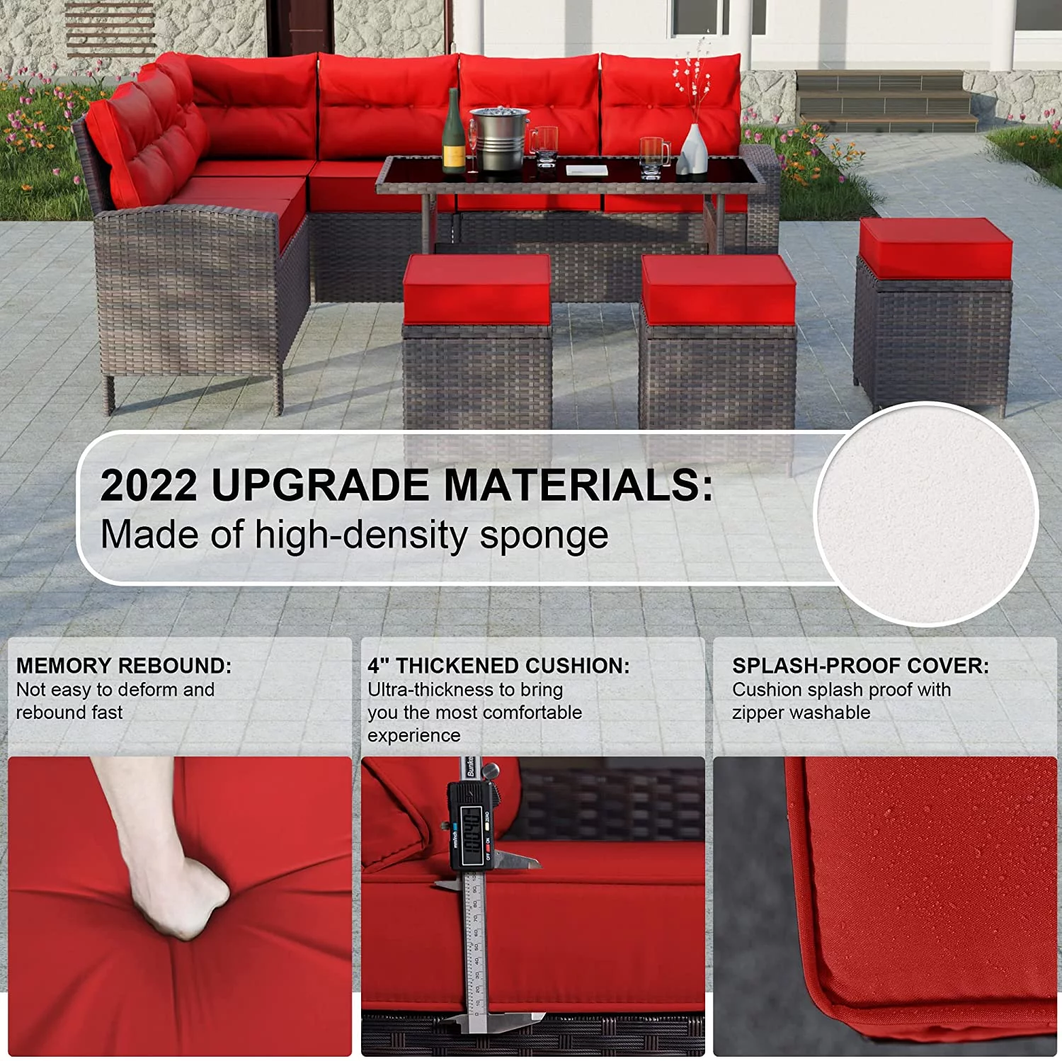 Gotland 7 Piece Outdoor Patio Furniture Set All-Weather Wicker Rattan Sofa Set Outdoor Sectional Conversation Set with 3 Loveseats,1 Dining Table and 3 Footrests,Red